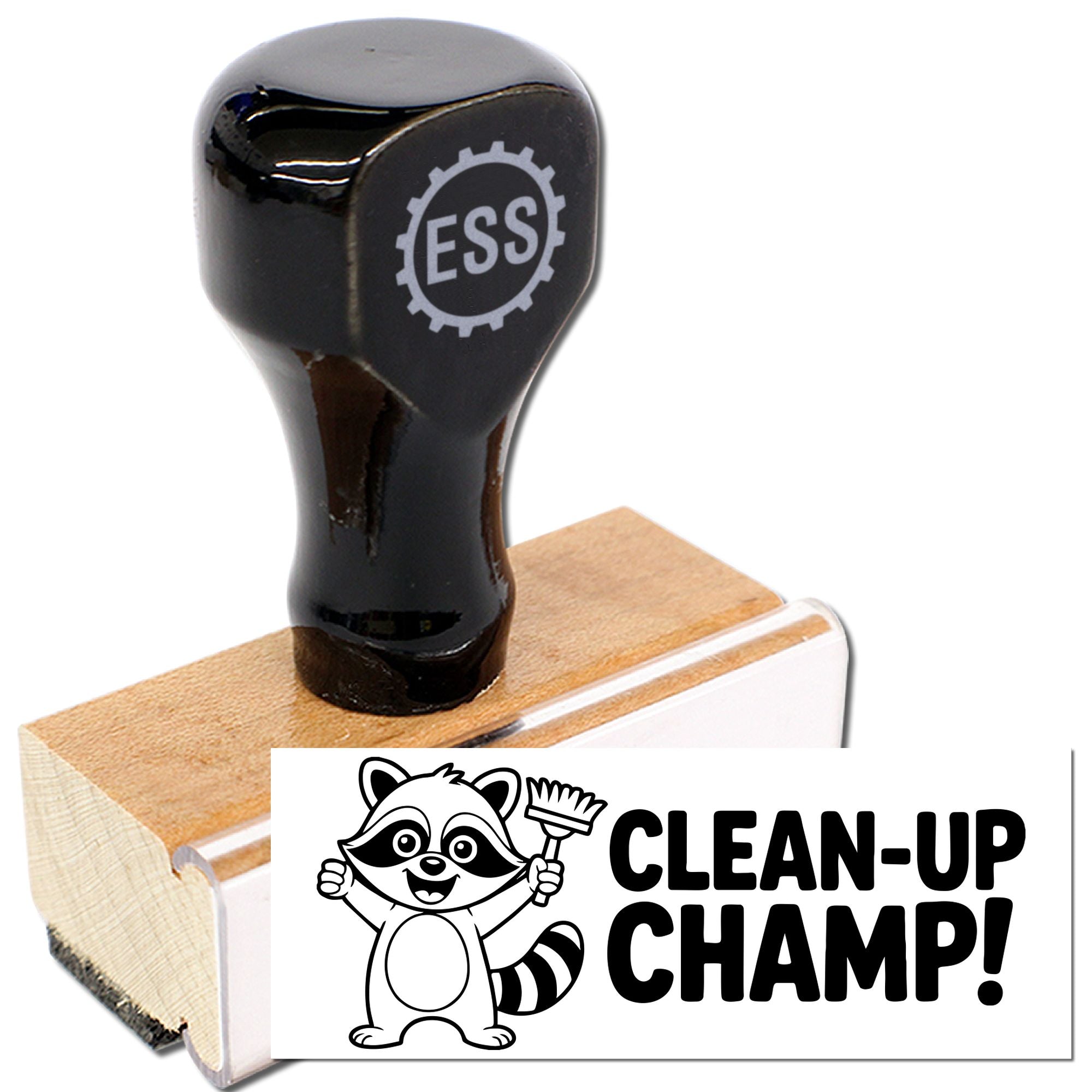 Black rubber stamp handle on wooden seal block with ESS logo and CLEAN-UP CHAMP! raccoon stamp design