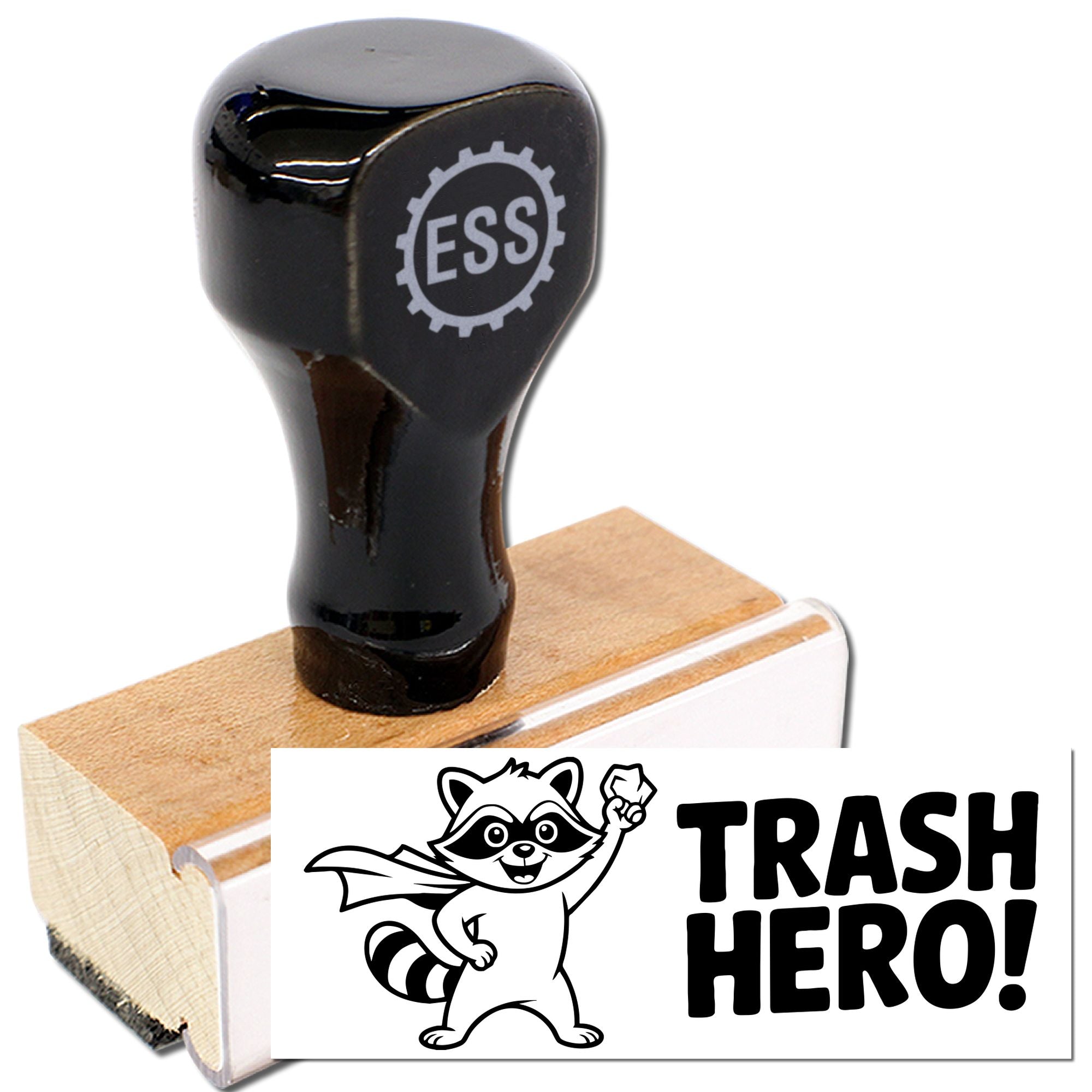 Black ESS self-inking stamp and wooden seal with Trash Hero raccoon logo, bold black text, on white background.