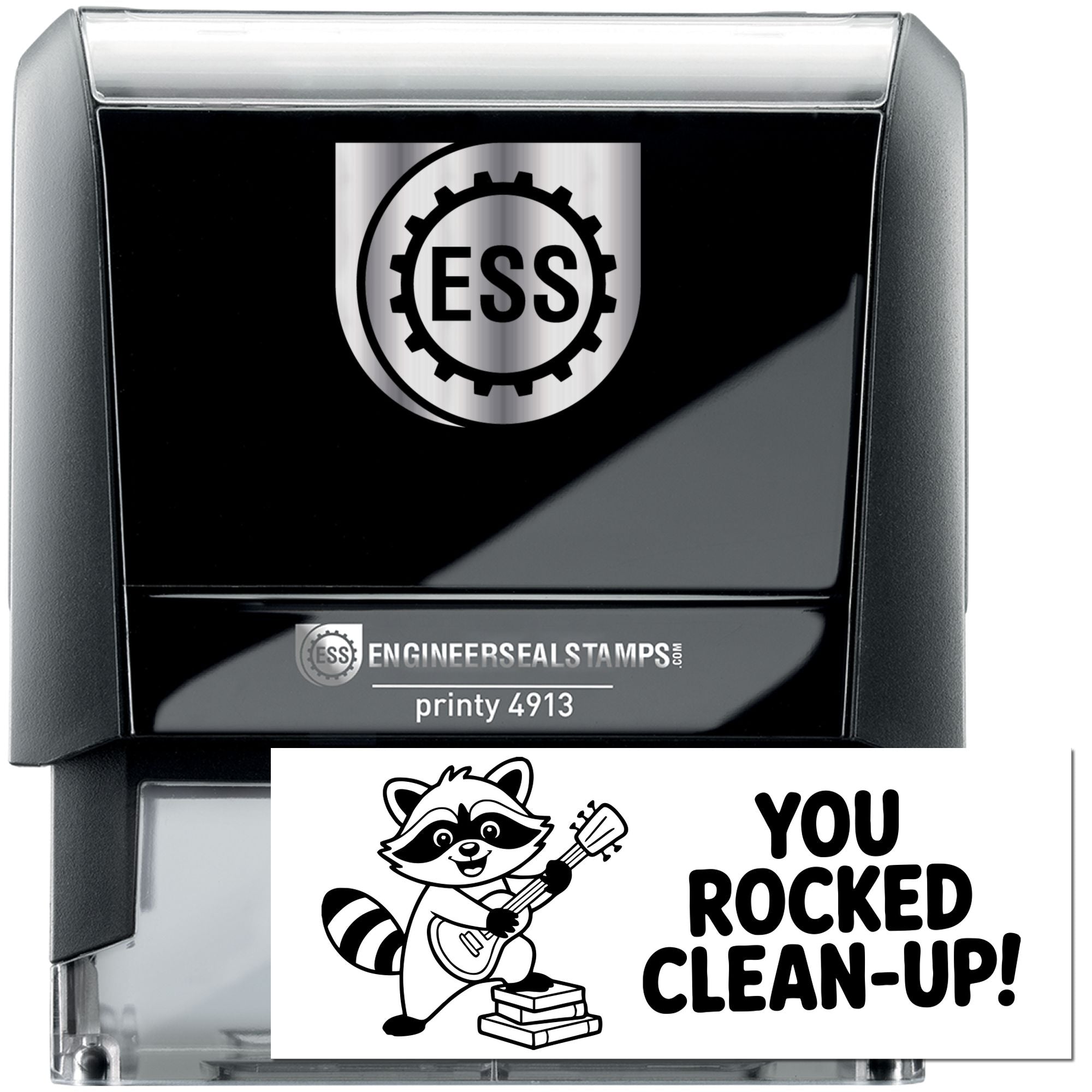 Black ESS self-inking stamp and seal, silver logo, raccoon graphic, and YOU ROCKED CLEAN-UP! on a white stamp plate.