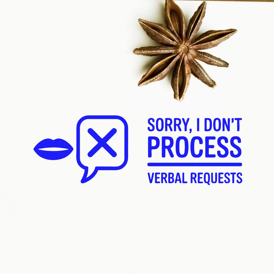 Blue rubber stamp and seal reading Sorry, I dont process verbal requests, with lips icon, X speech bubble, and brown star seal.