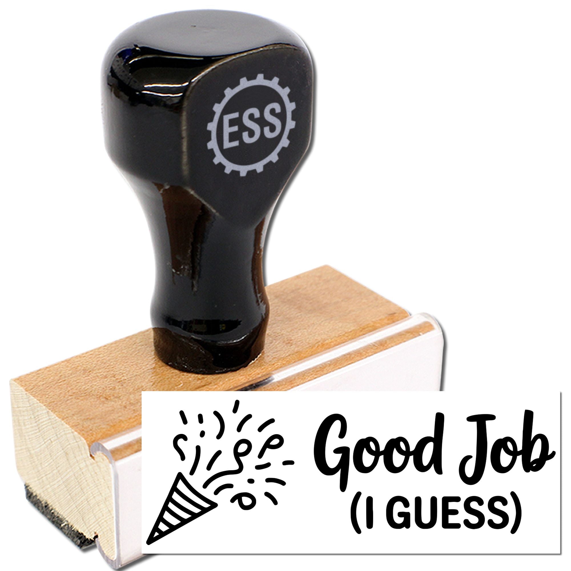 Black ESS rubber stamp with wooden base and black-and-white Good Job (I GUESS) seal design