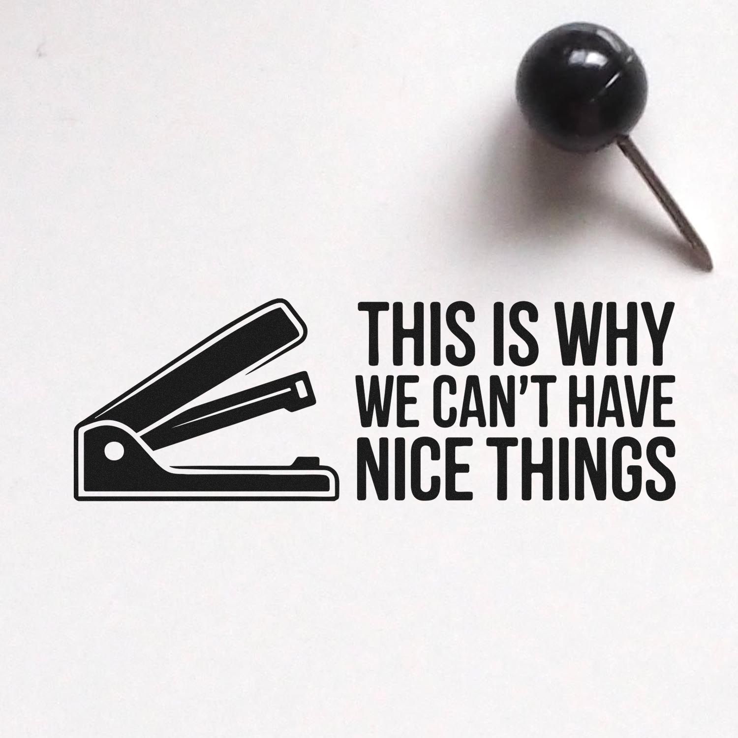 Black self-inking stamp and seal with bold office stamp icon and text, This Is Why We Cant Have Nice Things, on white.