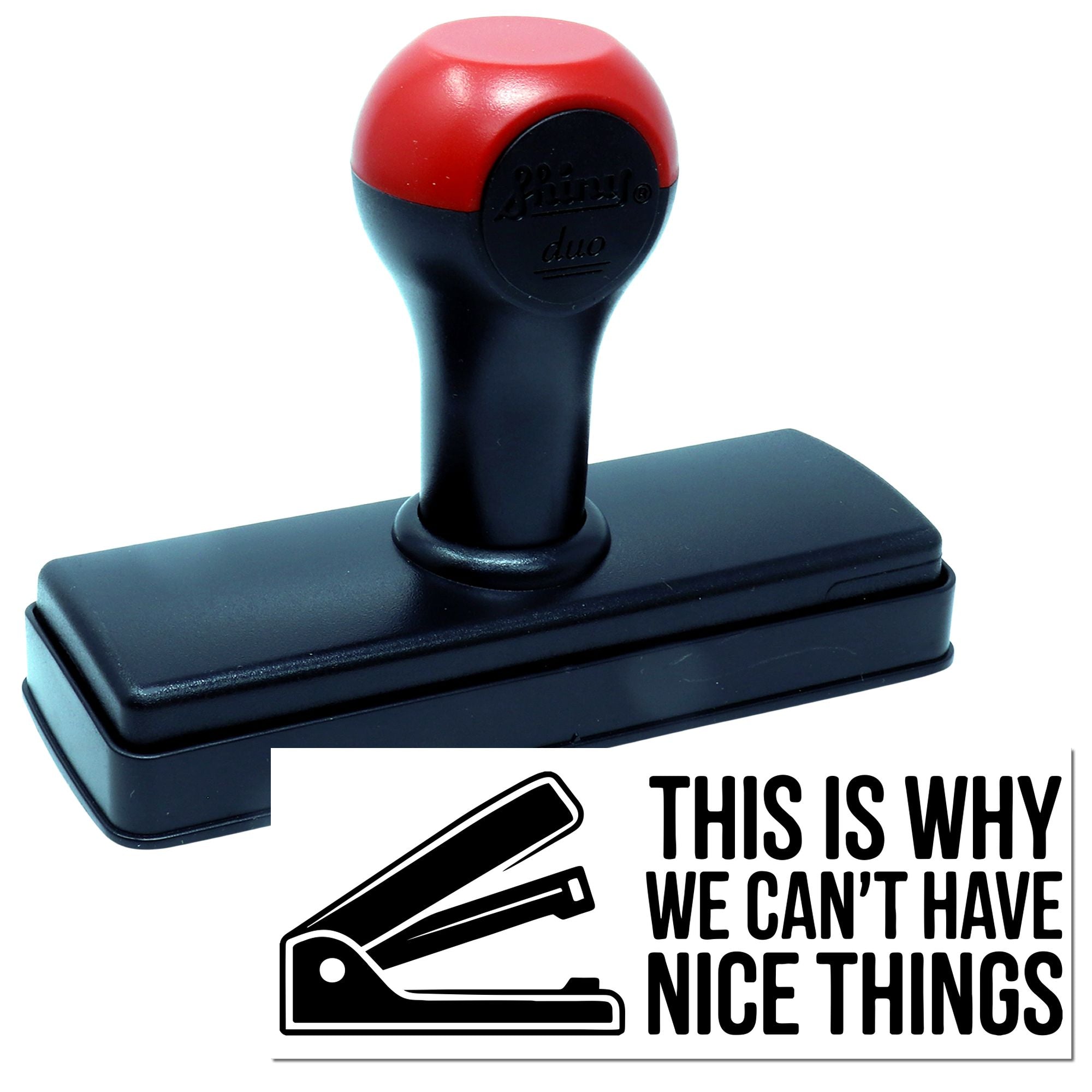 Red-and-black self-inking stamp with rectangular base and seal branding on a white background.