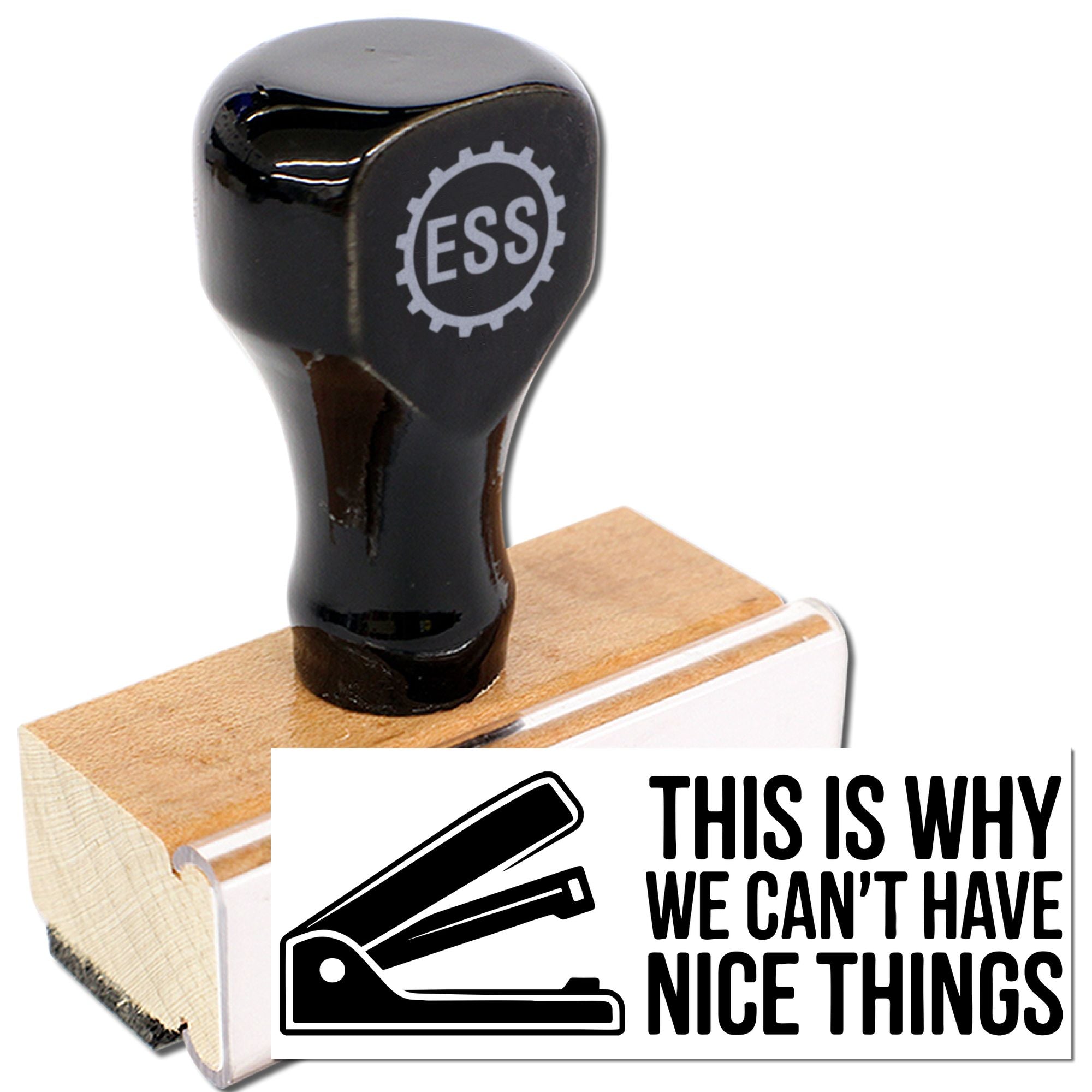 Black custom rubber stamp and seal with ESS logo on a wooden block, beside a white card with stapler icon and bold text.