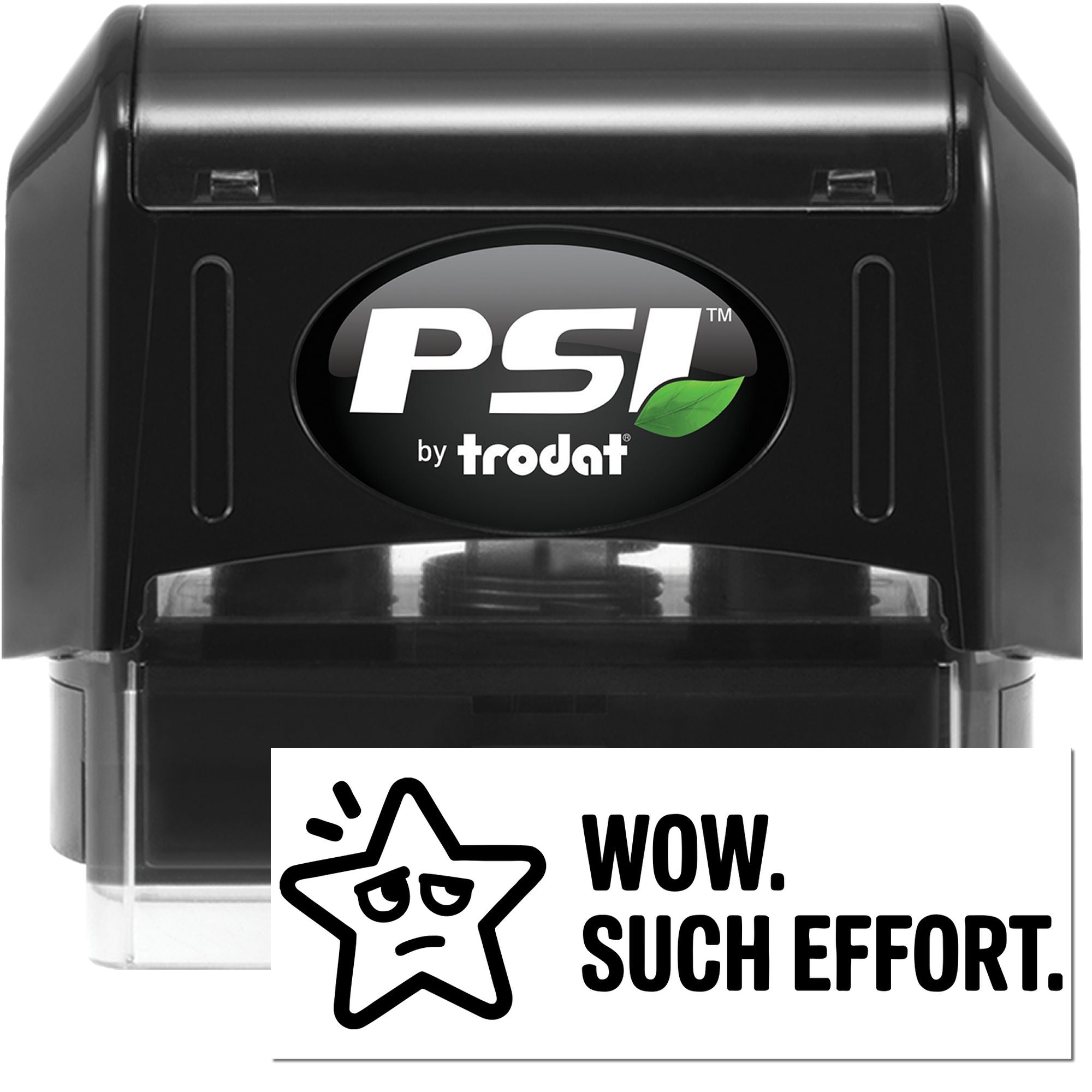Black PSI by Trodat self-inking stamp and seal set with clear base and white label.