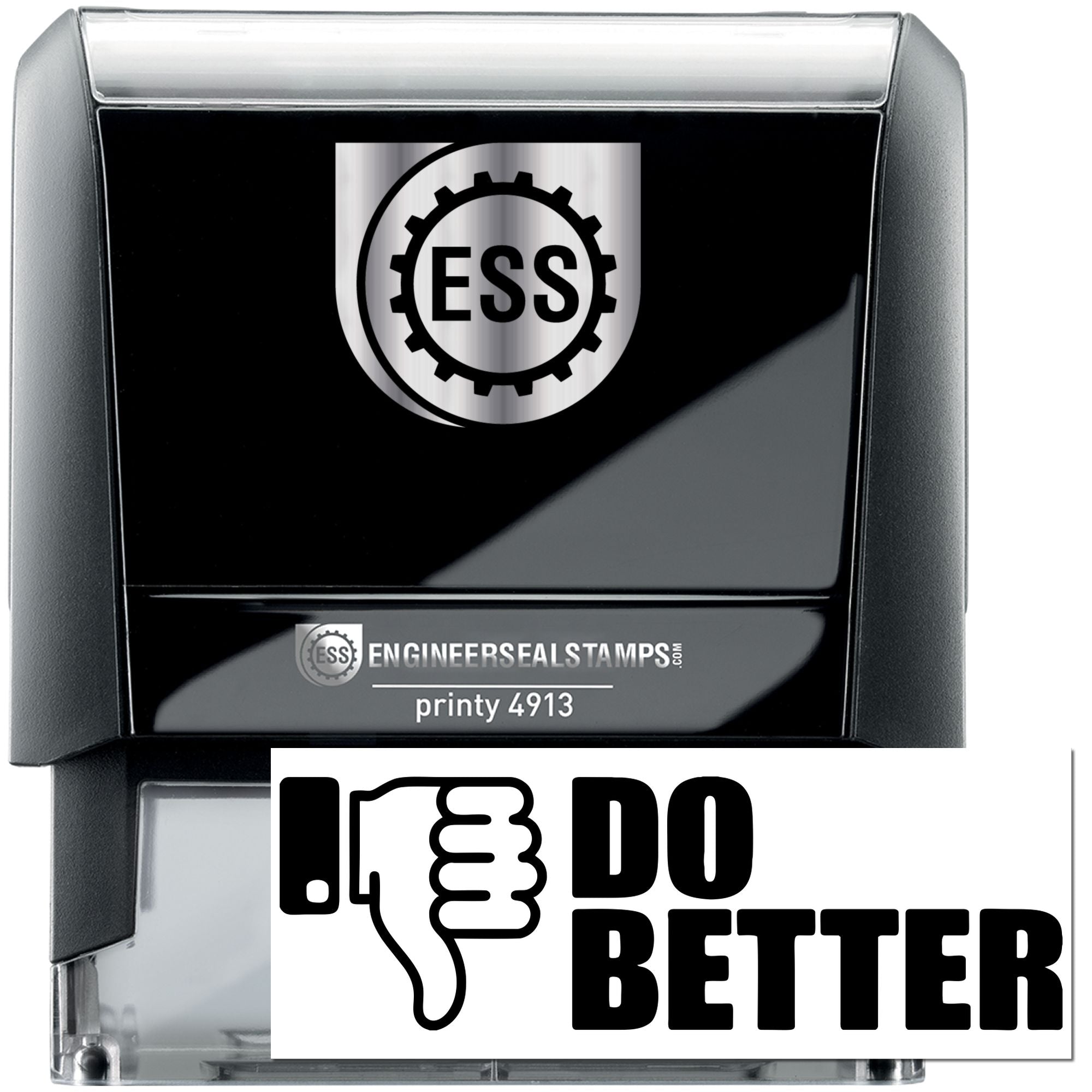 Black and silver Engineer Seal Stamps self-inking stamp with ESS gear logo and Do Better branding, Printy 4913.