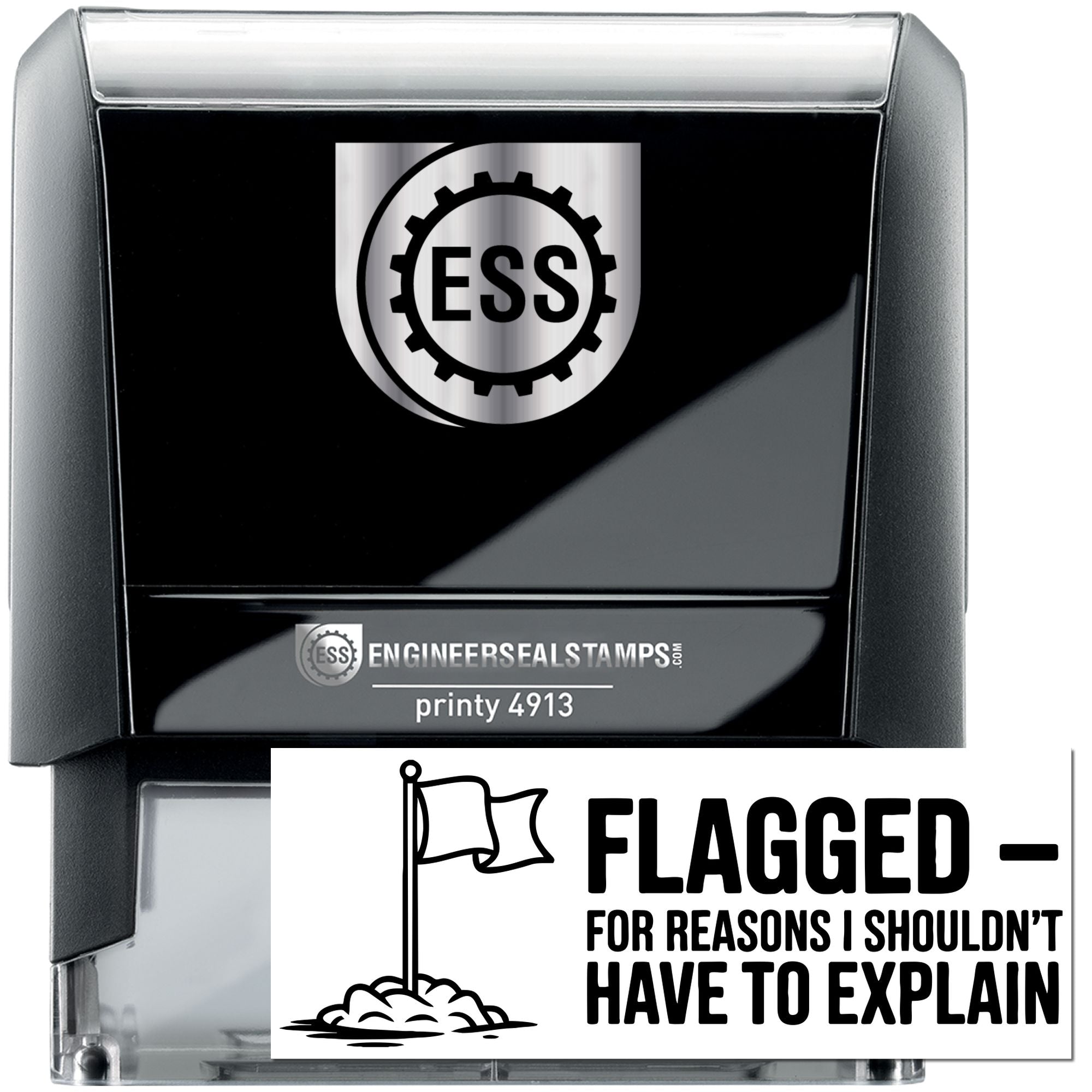 Black self-inking engineer seal stamp with silver trim, ESS logo, and white FLAGGED impression.