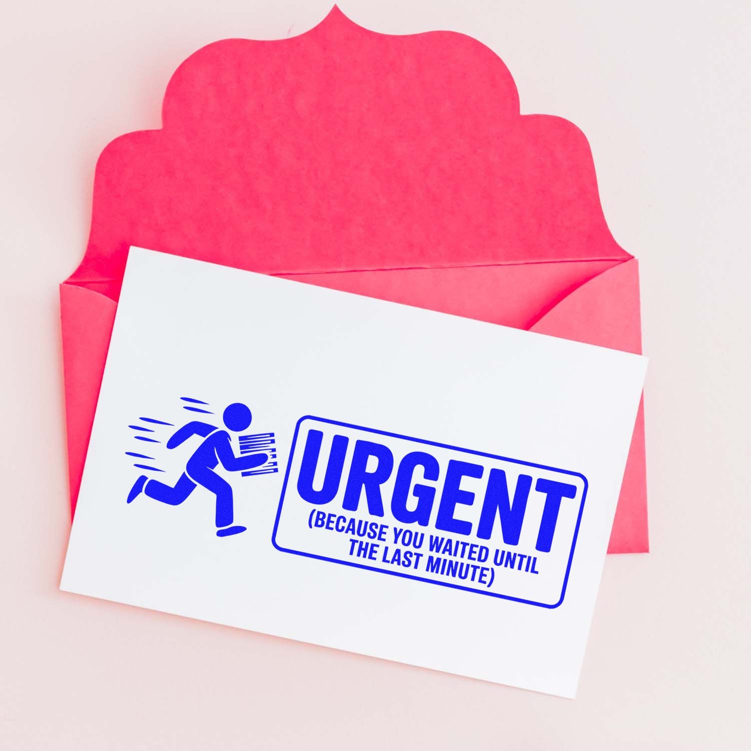 Pink envelope with white card showing a blue urgent rubber stamp seal design and running figure.