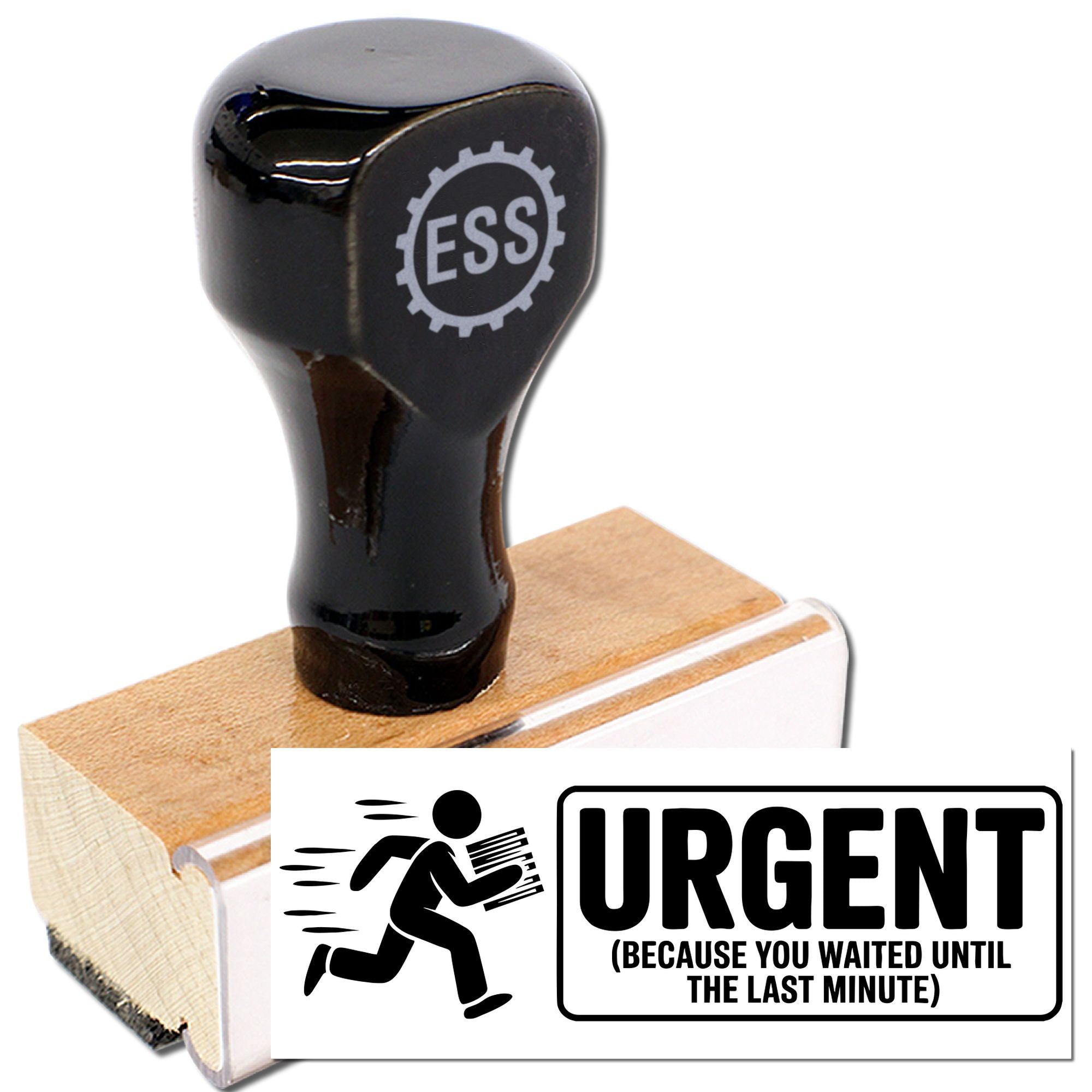 Black rubber stamp and wooden seal block showing URGENT with running figure icon on white background.