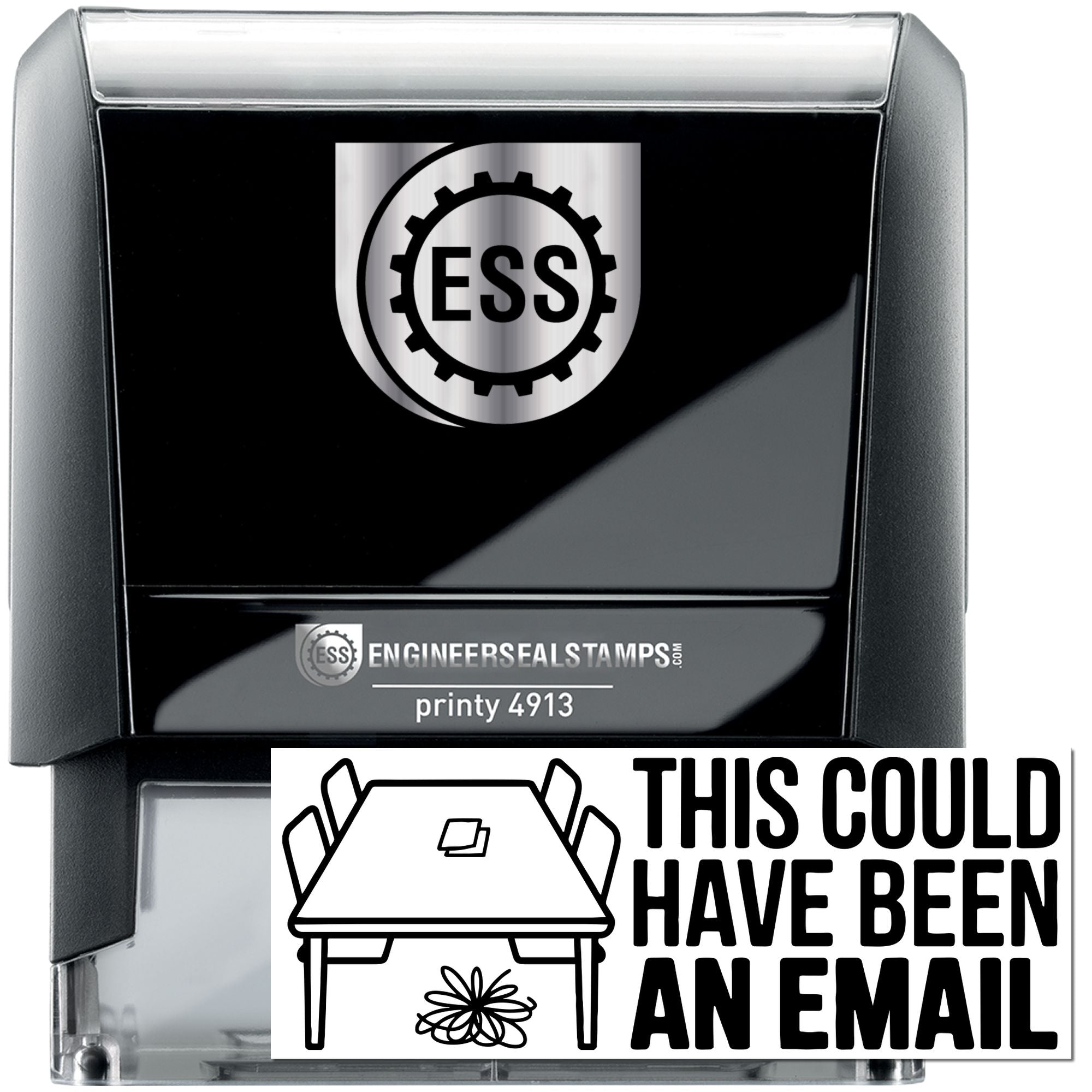 Black and silver self-inking stamp and seal with ESS logo and bold This could have been an email text.