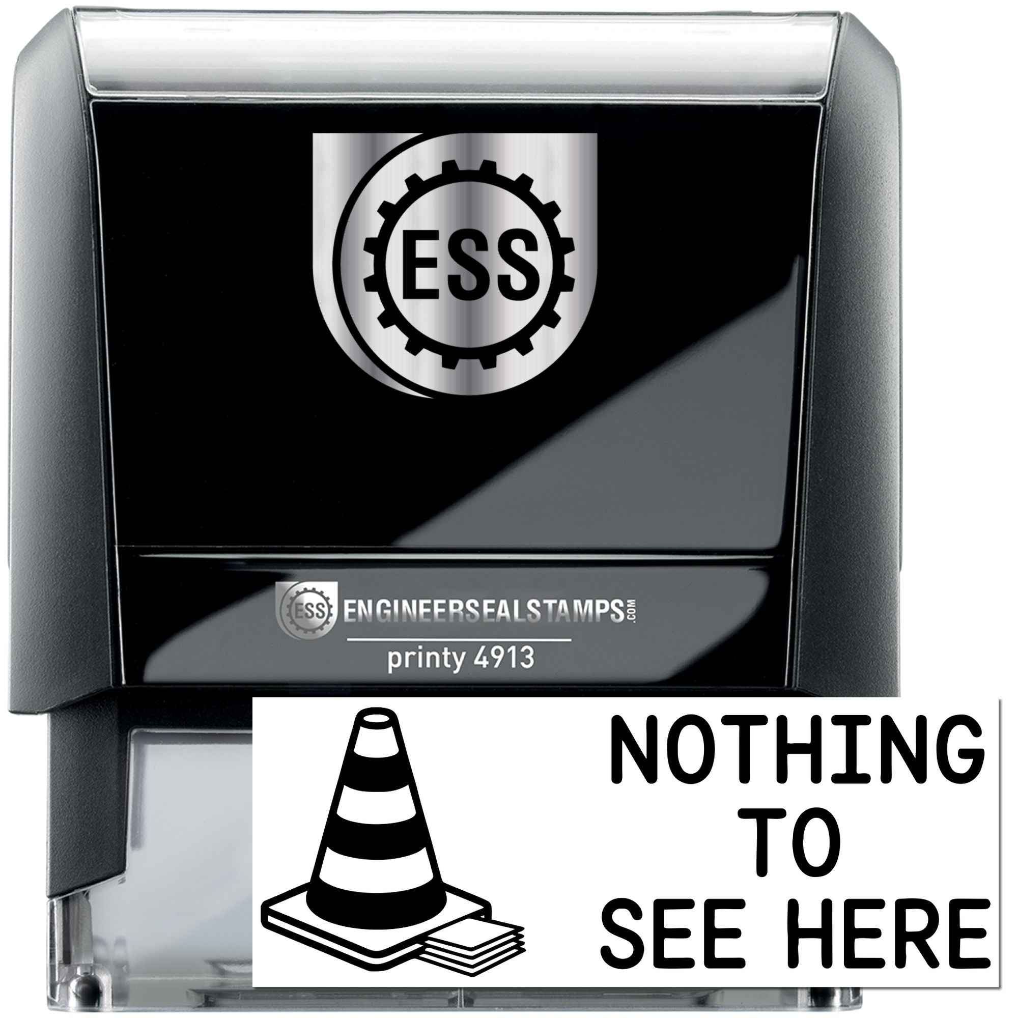 Black self-inking ESS engineer seal stamp with silver top, showing a white cone graphic and Nothing to See Here.