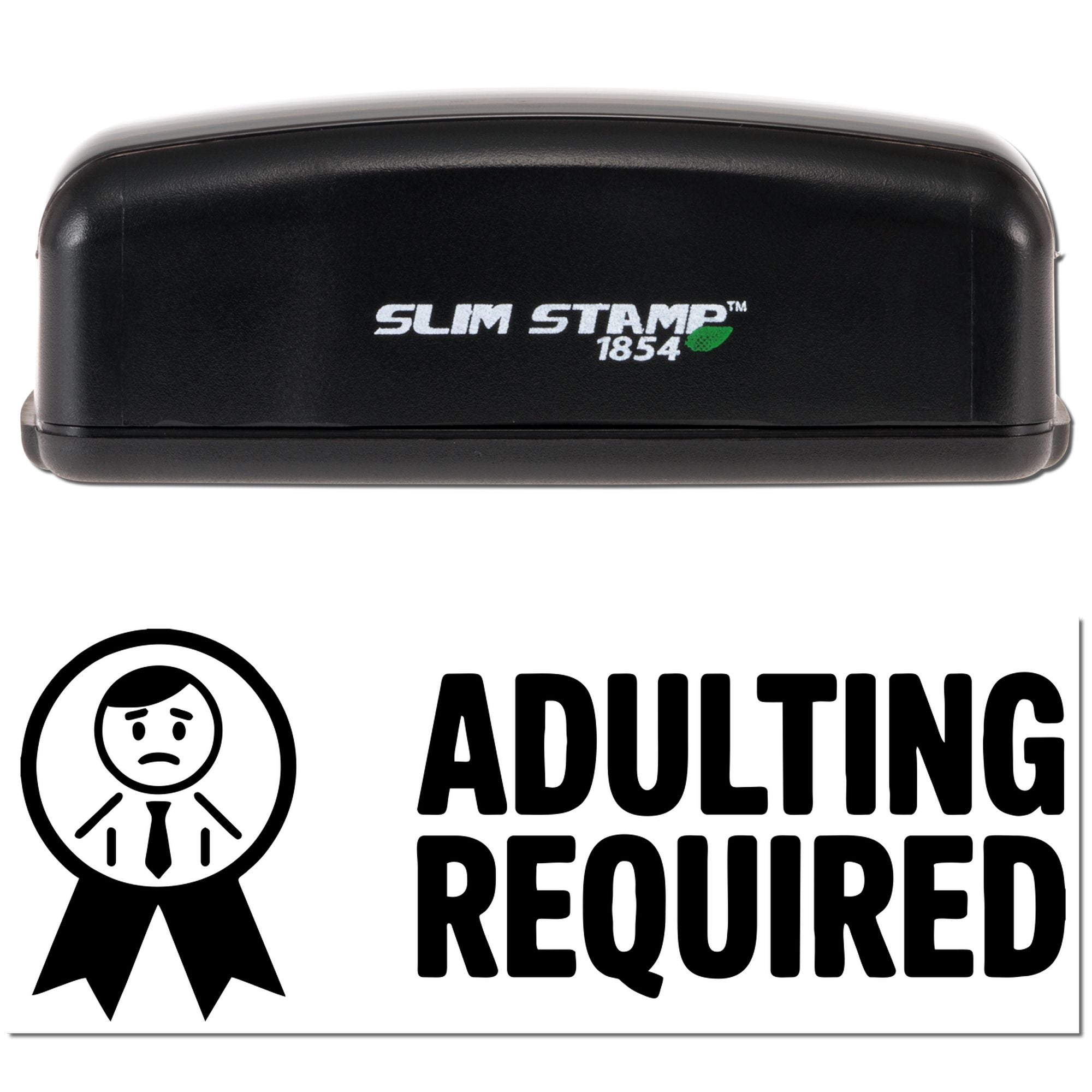 Black Slim Stamp 1854 embosser with green logo above a bold black Adulting Required seal on white background.