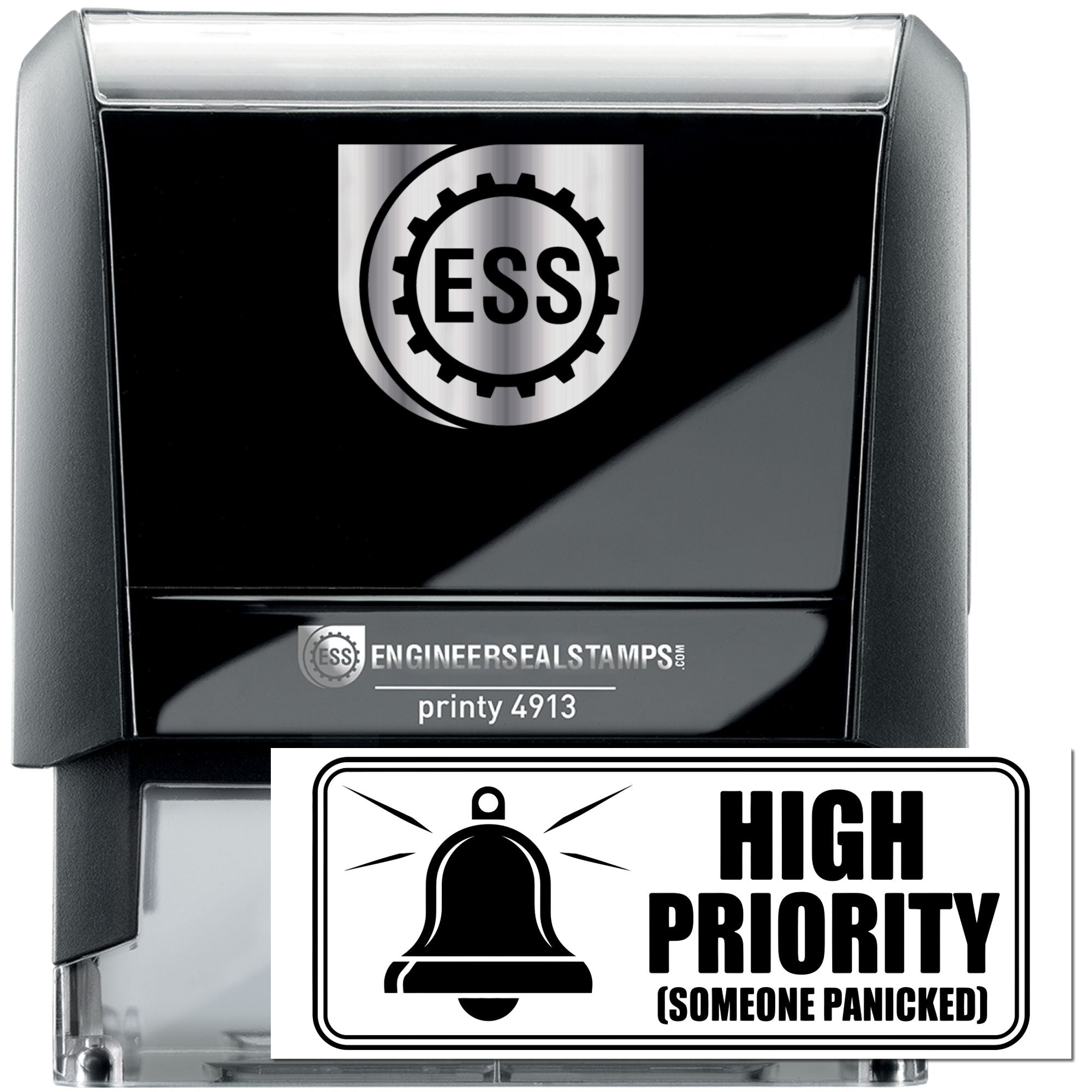 Black self-inking ESS stamp and seal with silver accents, showing a High Priority bell seal and engineersealstamps.com branding.