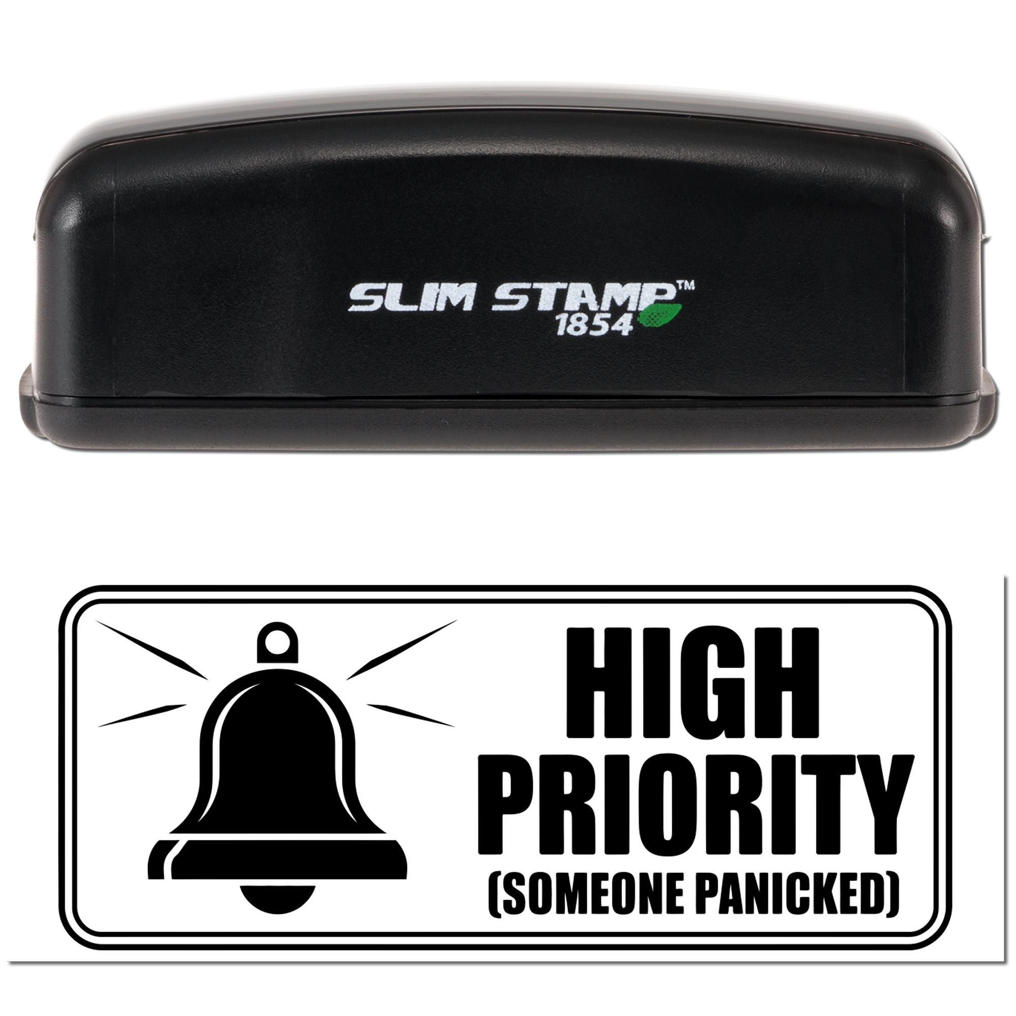 Black Slim Stamp 1854 self-inking stamp and high-priority seal, black casing with bell icon and bold black-and-white text.