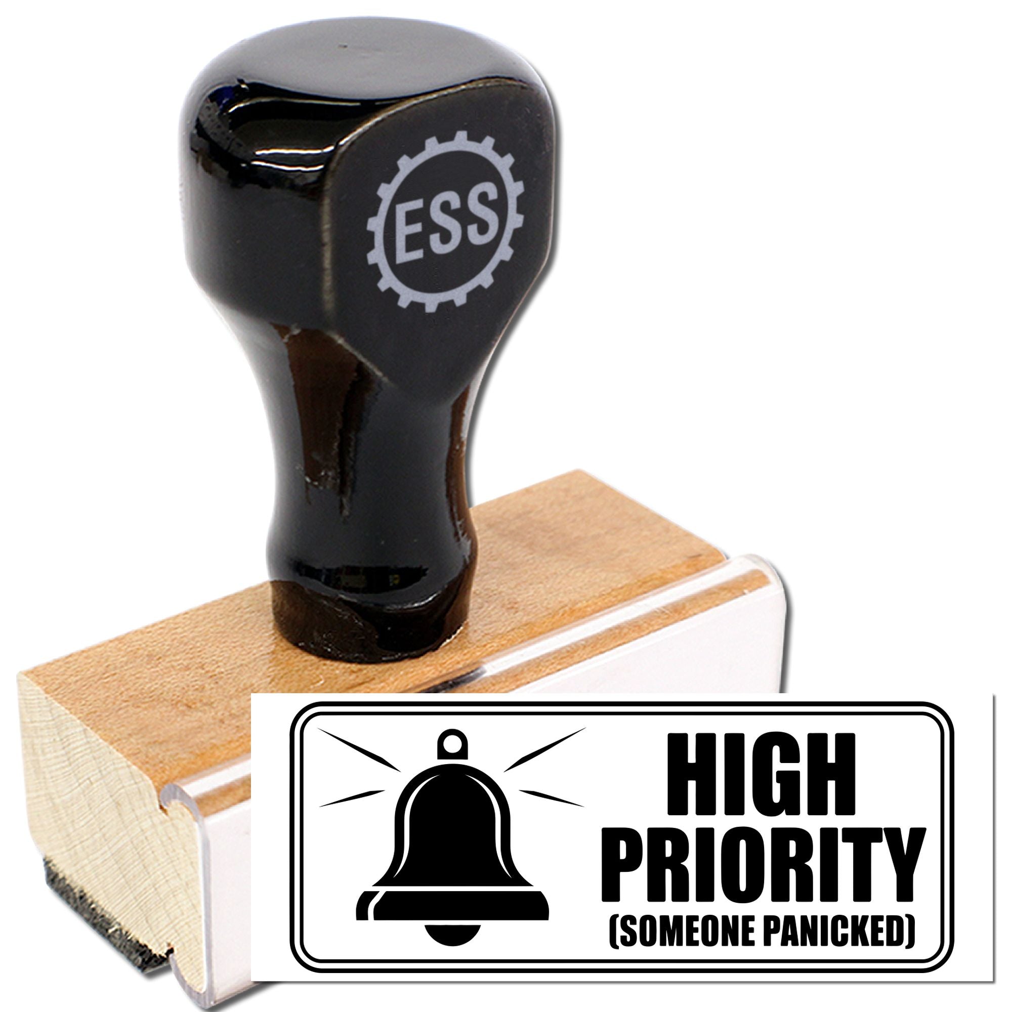 Black rubber stamp and wooden seal mount with white label reading HIGH PRIORITY and a bell icon