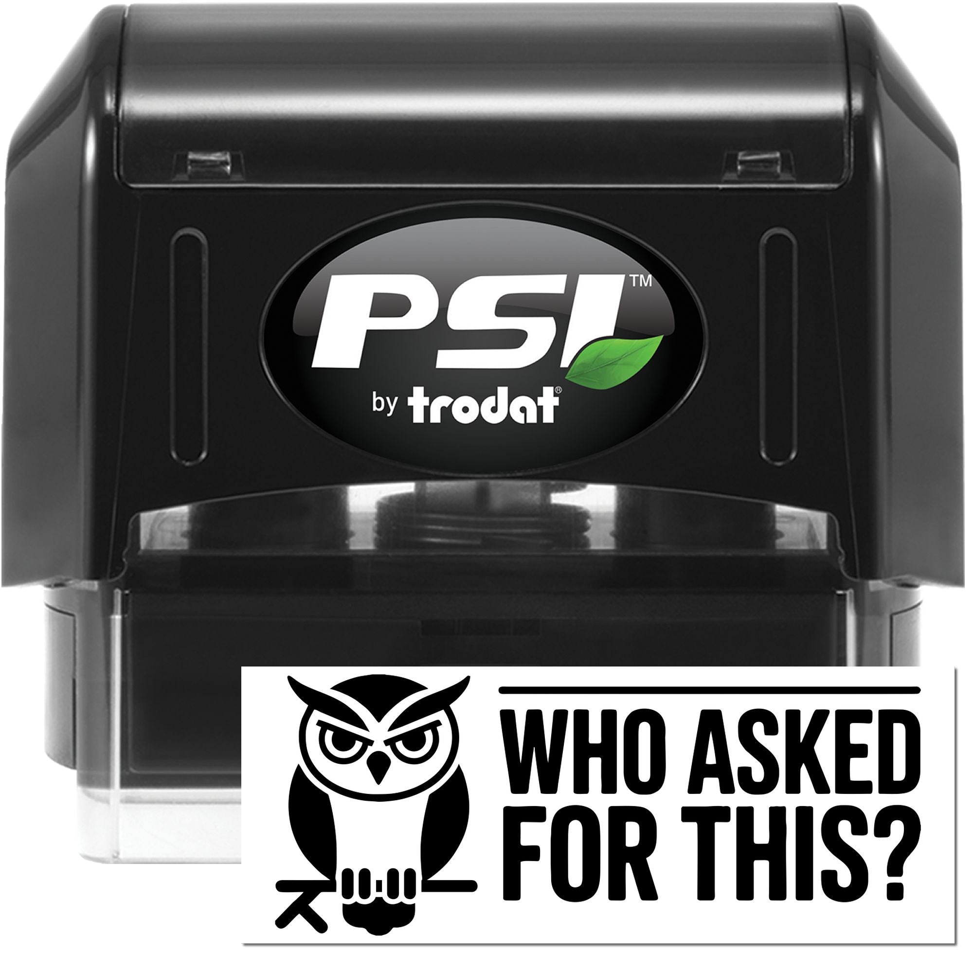Black PSI by Trodat self-inking stamp and seal with clear base, white logo, and green leaf accent