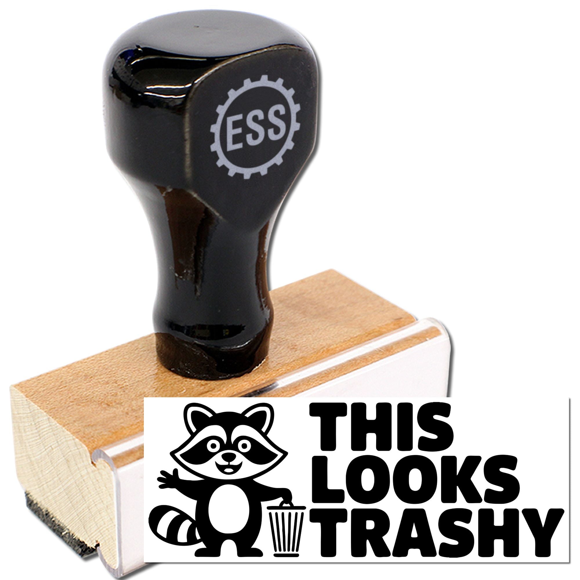 Black ESS self-inking stamp and seal with wooden base, raccoon logo, and bold THIS LOOKS TRASHY text.