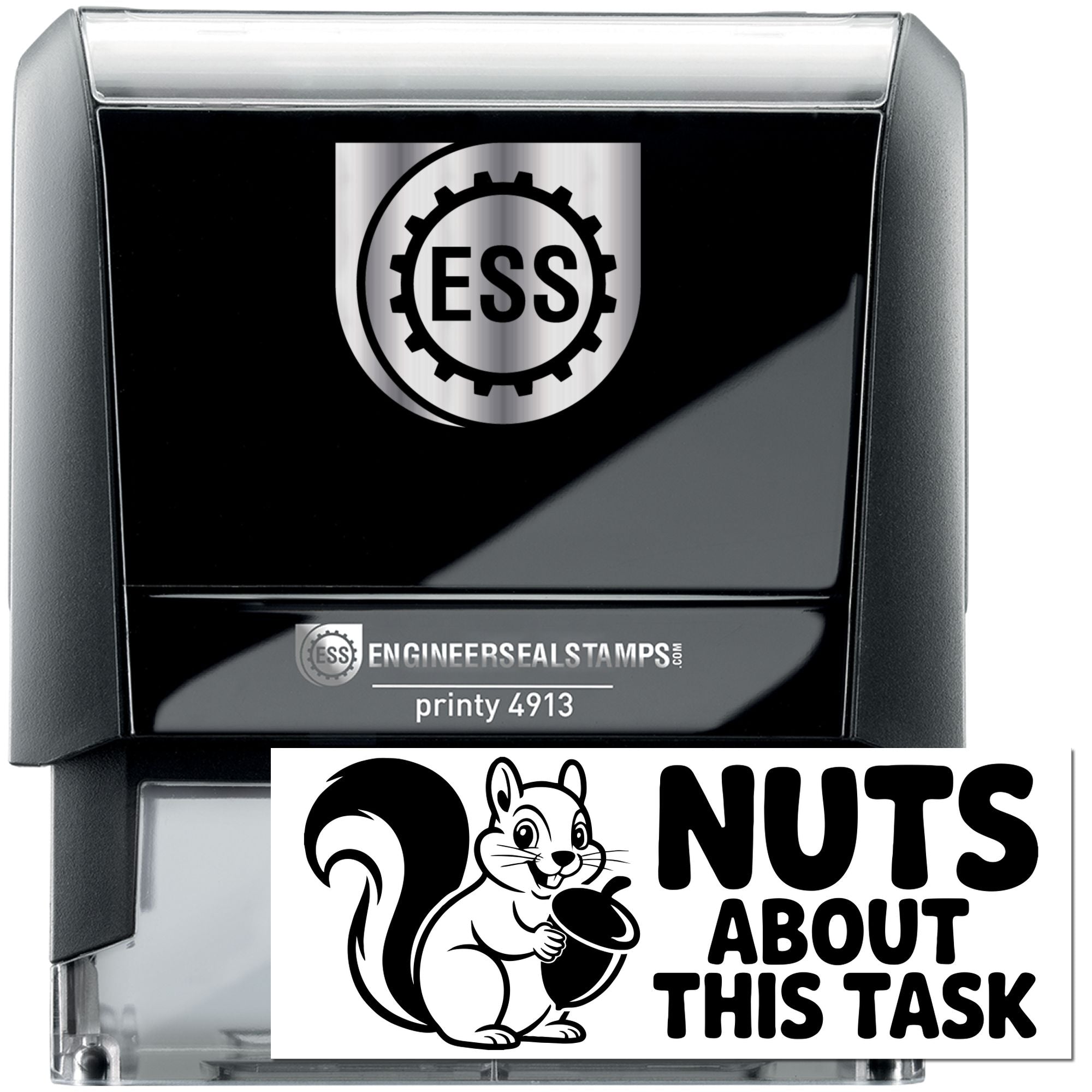 Black and silver engineering seal stamp with squirrel logo and NUTS ABOUT THIS TASK text
