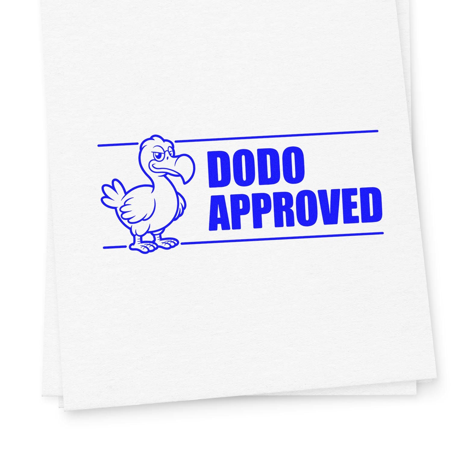 Blue DODO APPROVED rubber stamp seal with cartoon dodo in bright blue on white paper