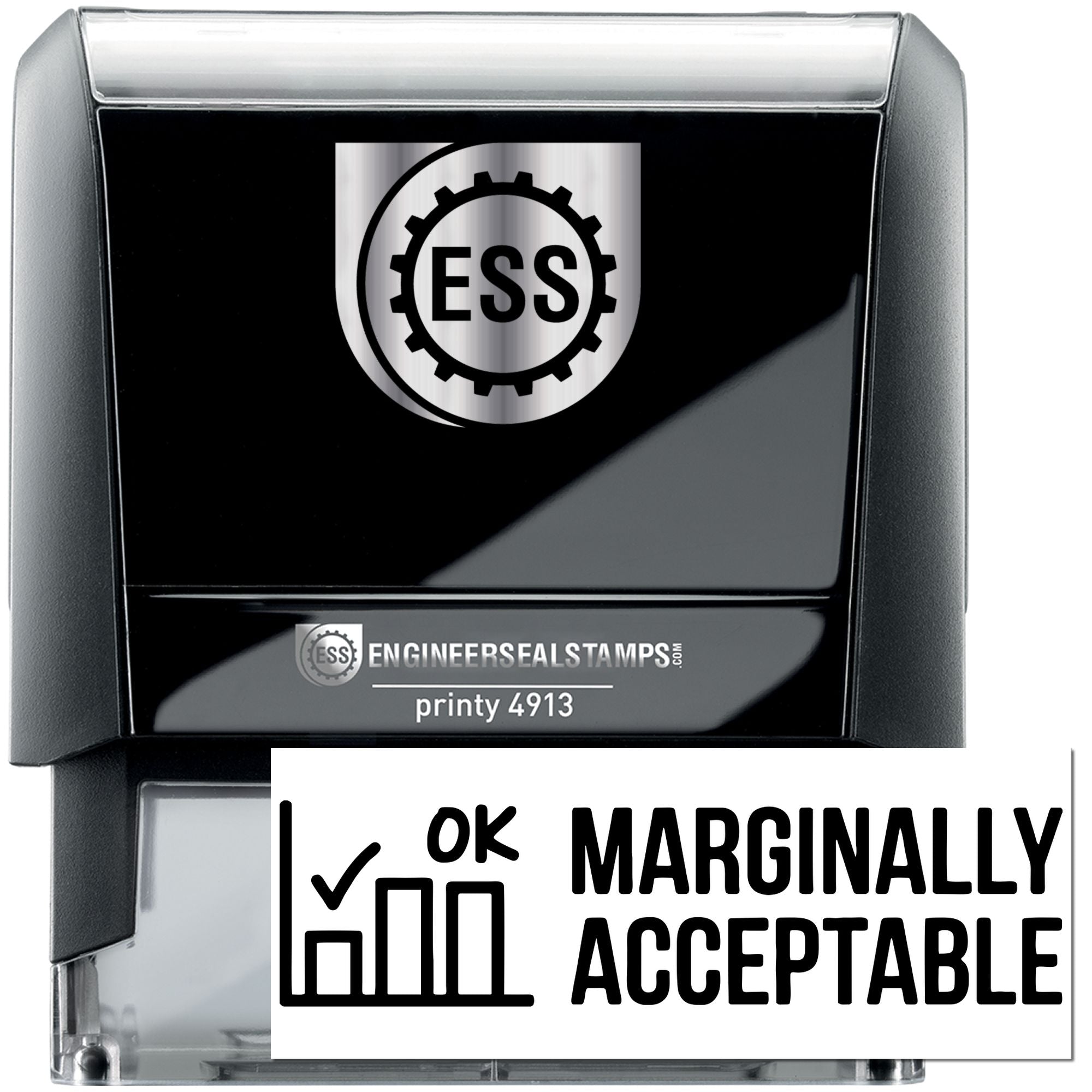 Black self-inking engineer seal stamp with silver ESS logo and white OK Marginally Acceptable marking