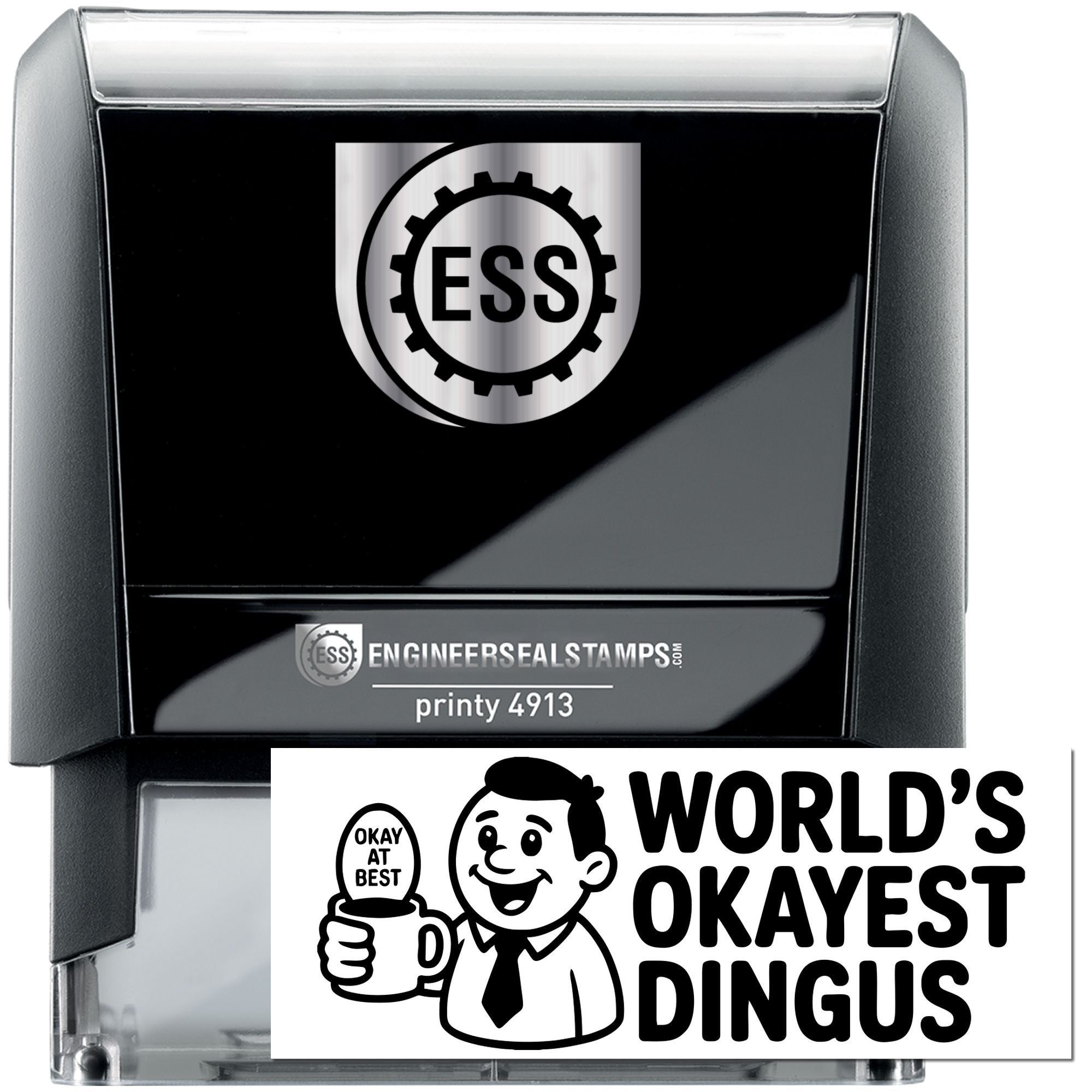 Black and gray engineer seal stamp set with ESS logo, printy 4913 model, plus Worlds Okayest Dingus stamp.