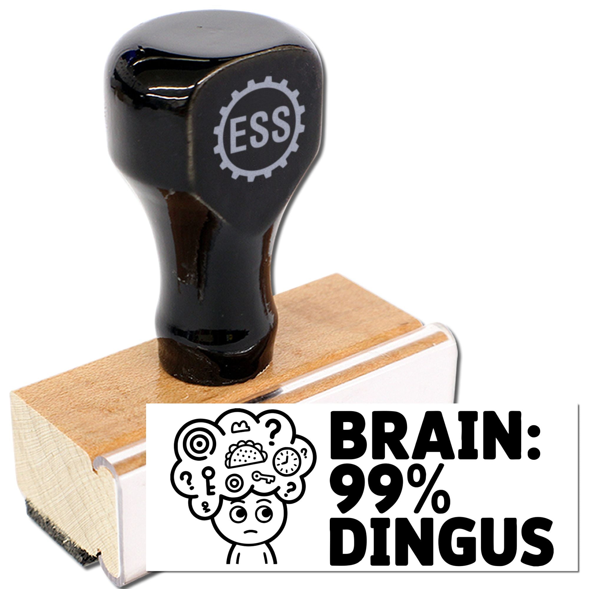 Black stamp and seal with ESS logo on a wooden base, showing a bold black-and-white imprint.