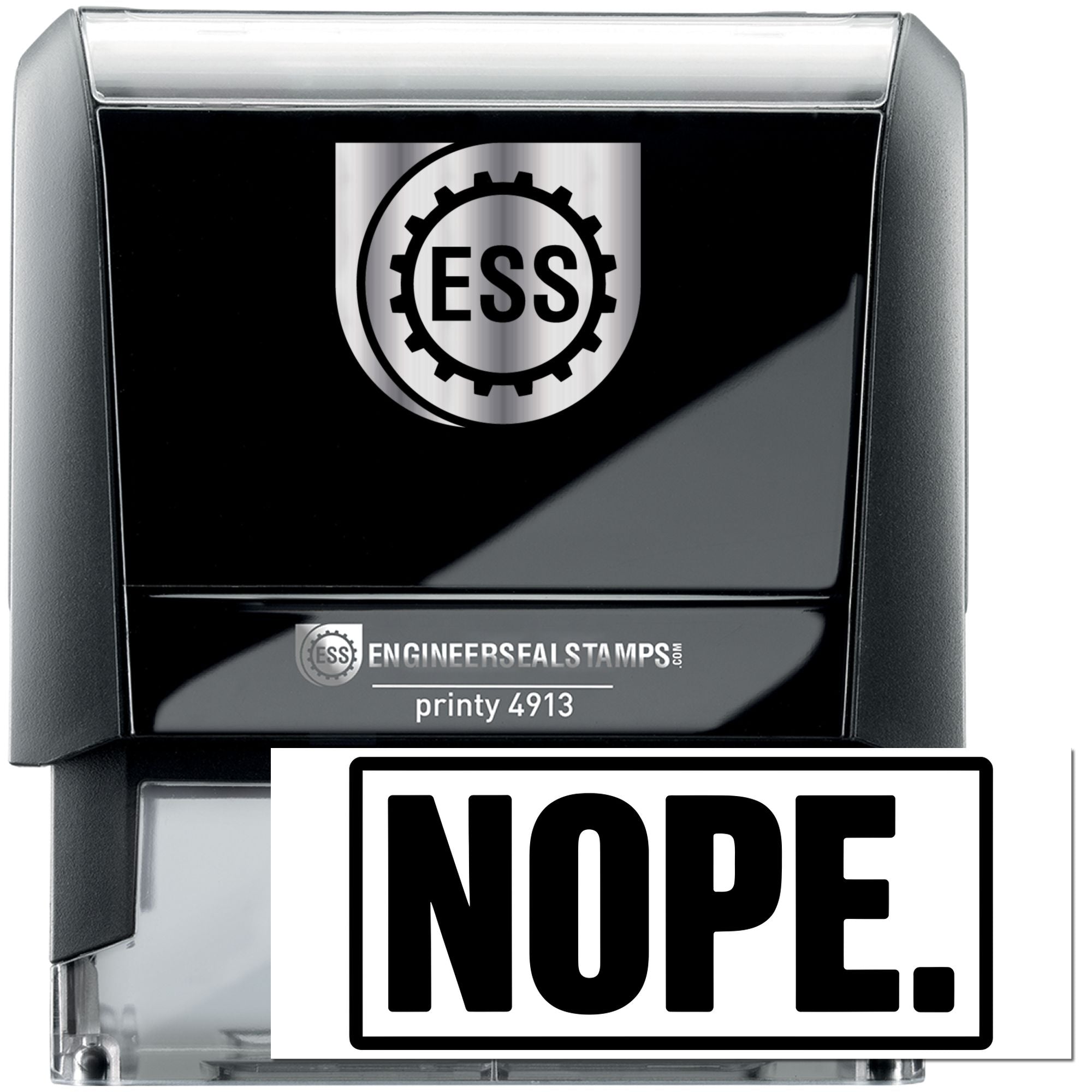 Black self-inking engineer seal stamp with ESS logo and bold NOPE seal.