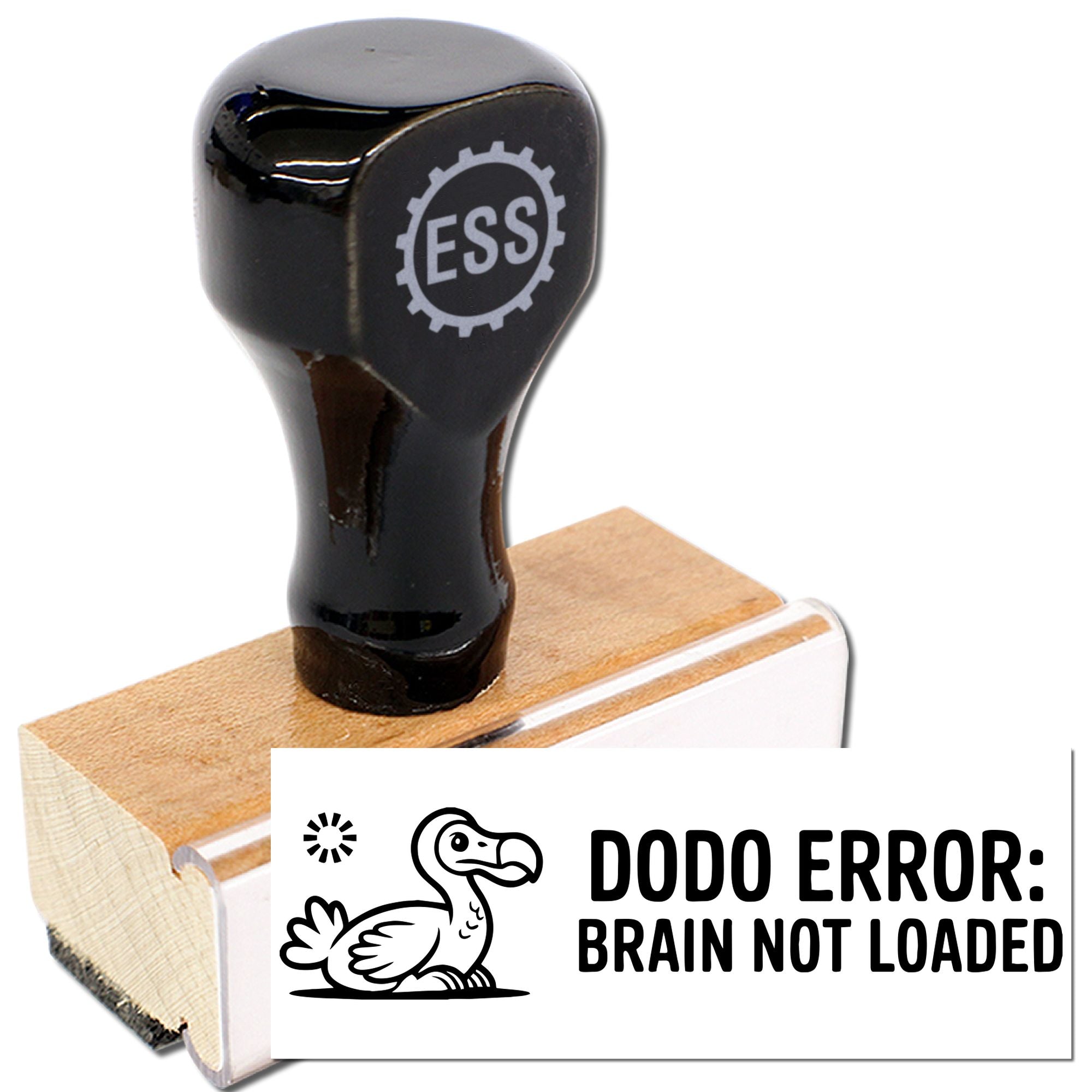 Black rubber stamp with ESS logo on a wooden base, plus a white seal reading DODO ERROR: BRAIN NOT LOADED and a dodo icon.