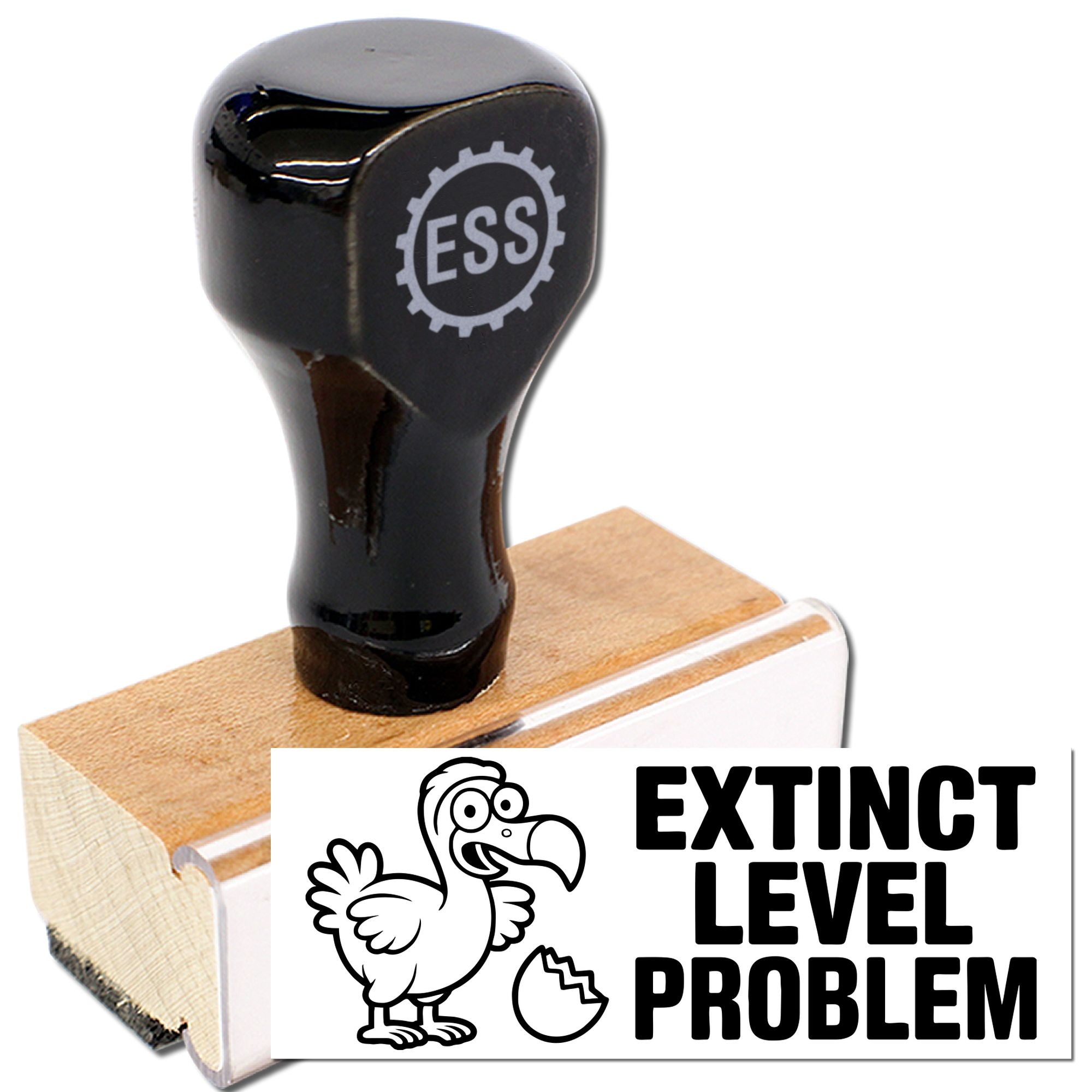 Black rubber stamp seal with dodo bird and broken egg, marking EXTINCT LEVEL PROBLEM in bold black text.