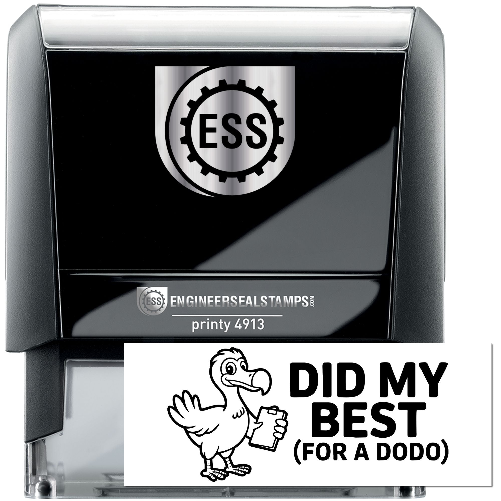Black self-inking engineer seal stamp with silver ESS gear logo and clear case; white Did My Best dodo stamp insert.