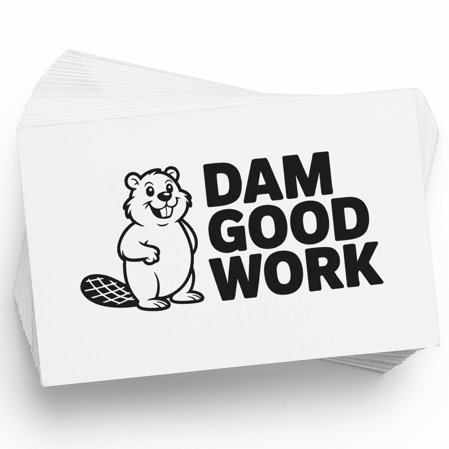 White stamp and seal cards with black beaver mascot and bold DAM GOOD WORK text.