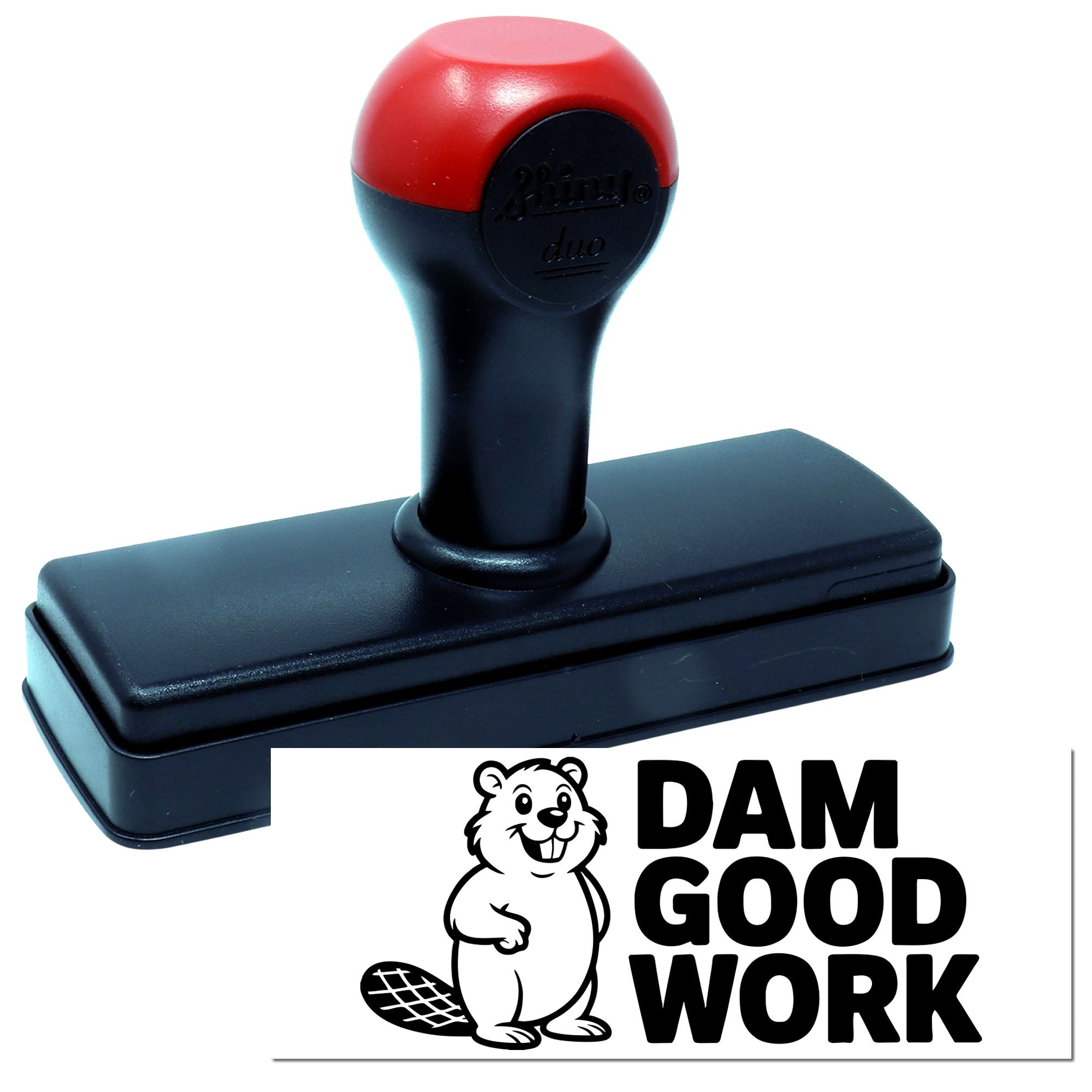 Red-and-black self-inking stamp and seal with beaver logo and bold DAM GOOD WORK text.
