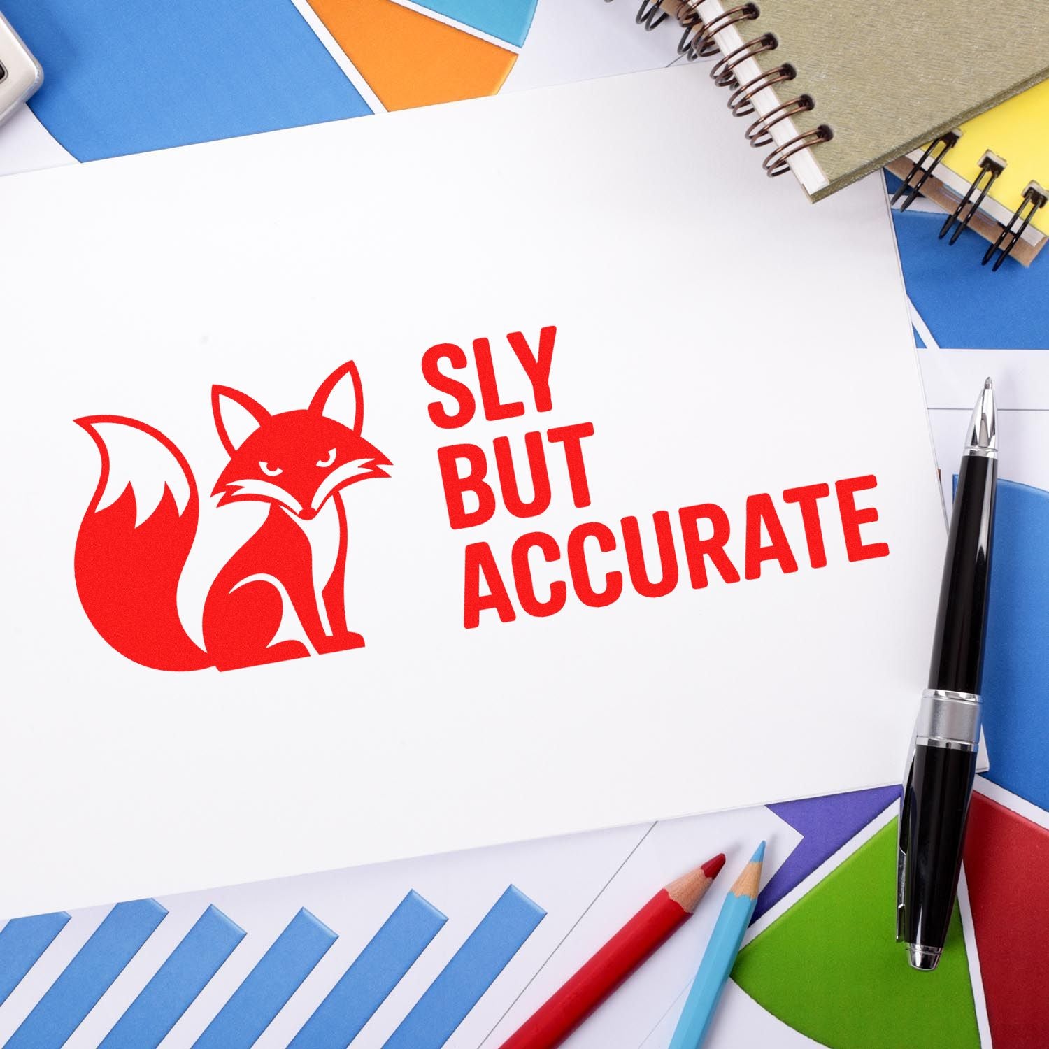 Red fox logo stamp seal with SLY BUT ACCURATE in red on white paper, surrounded by colorful notebooks, pens, and envelopes.