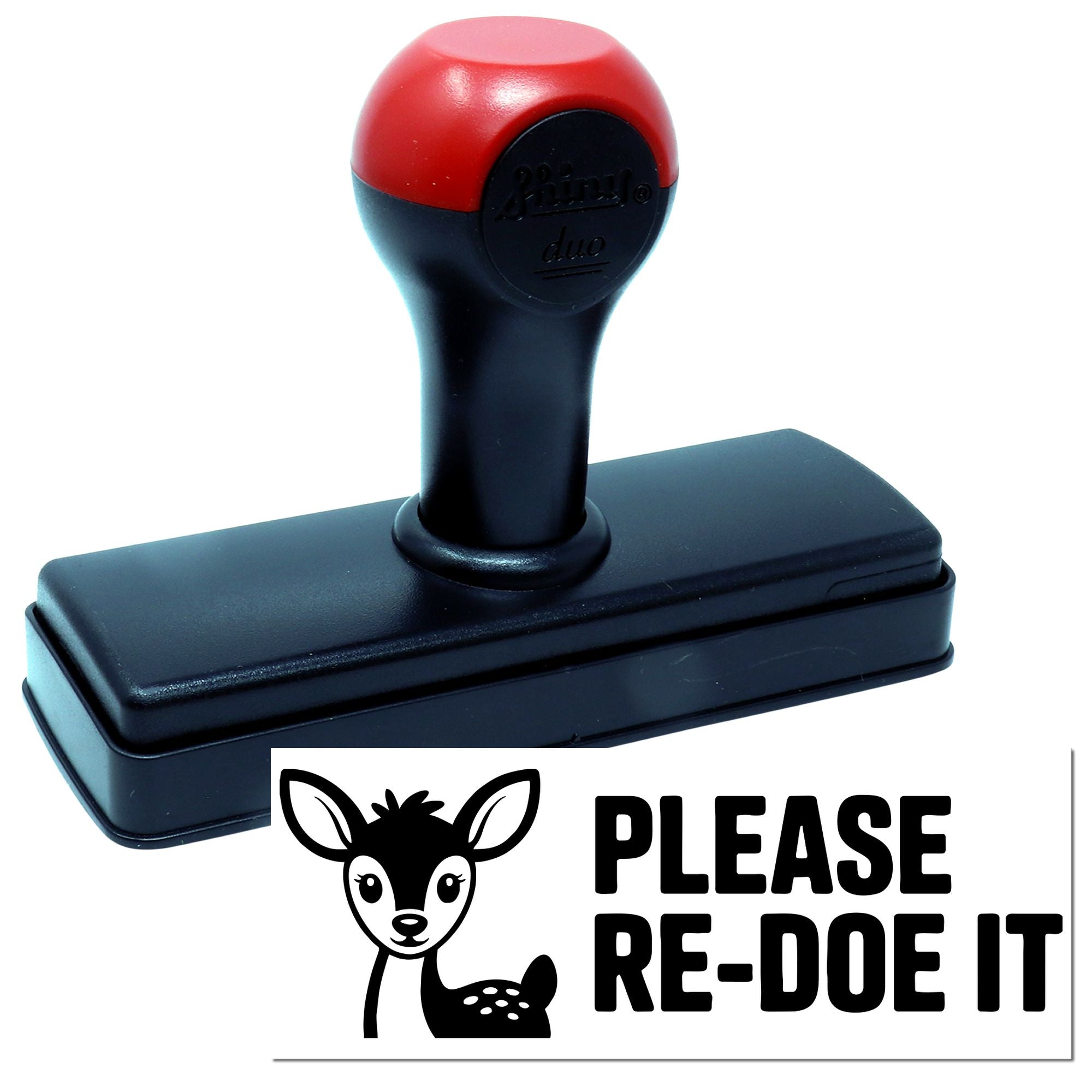 Red-and-black self-inking stamp and seal with deer logo, printing bold black PLEASE RE-DOE IT.