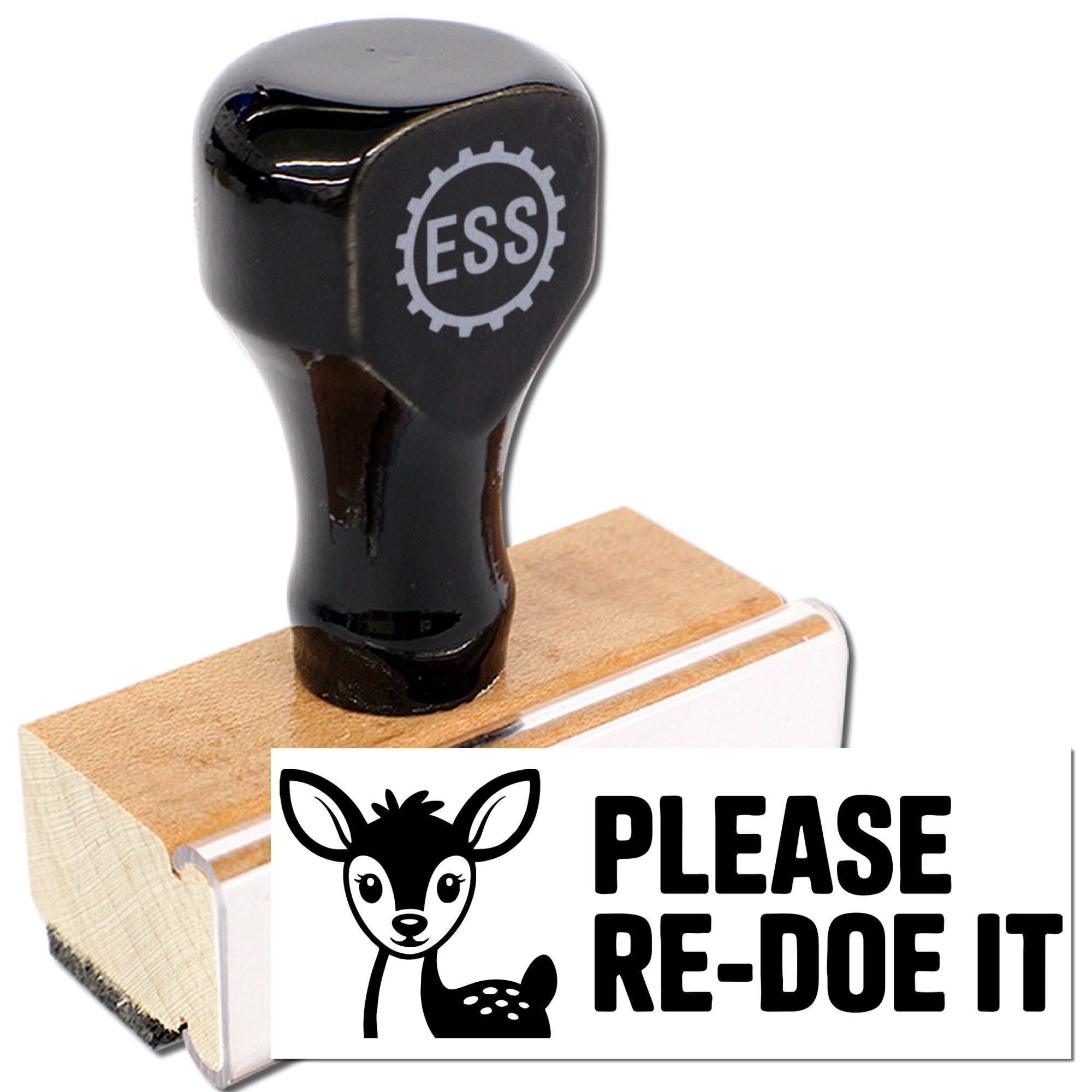 Black ESS rubber stamp seal with wooden handle, deer logo, and bold PLEASE RE-DOE IT text on white base.