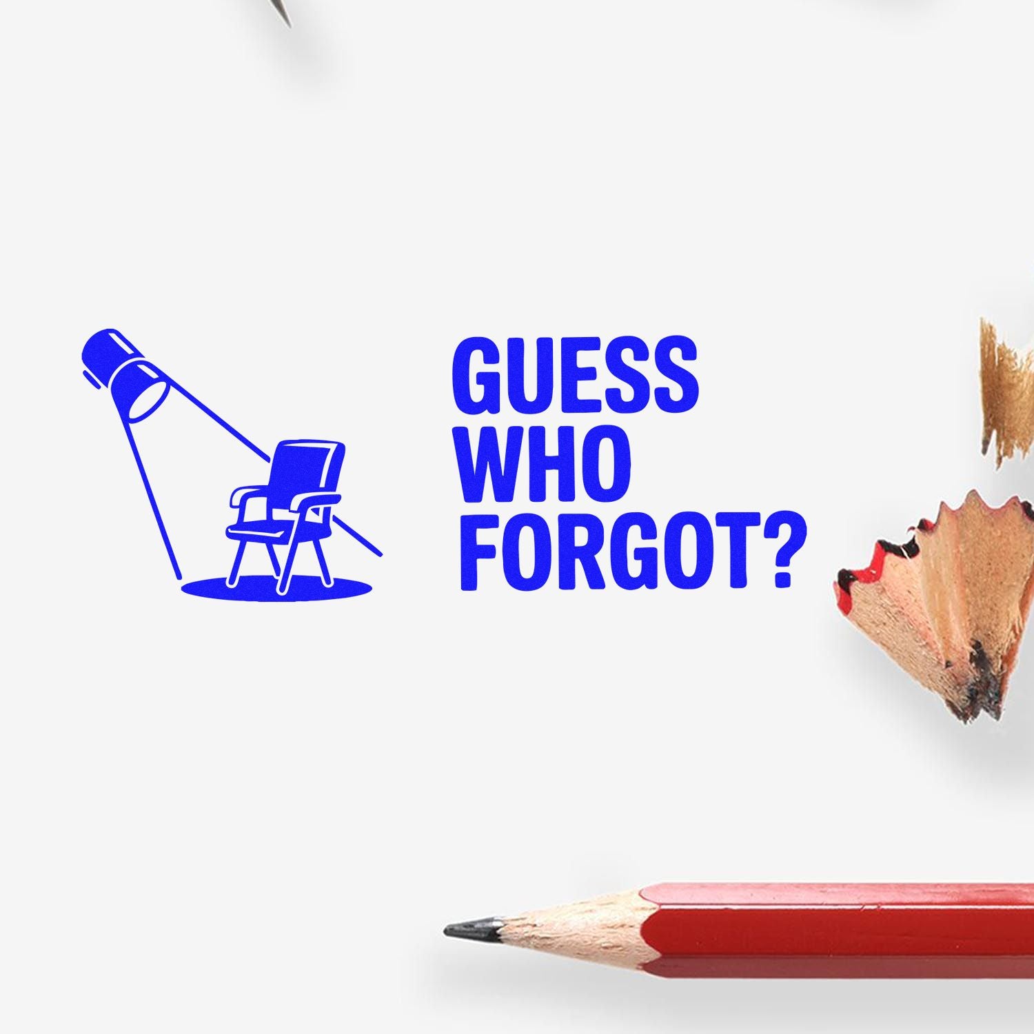 Blue custom stamp and seal design with "GUESS WHO FORGOT?" text on white background, accented by red pencil tips.
