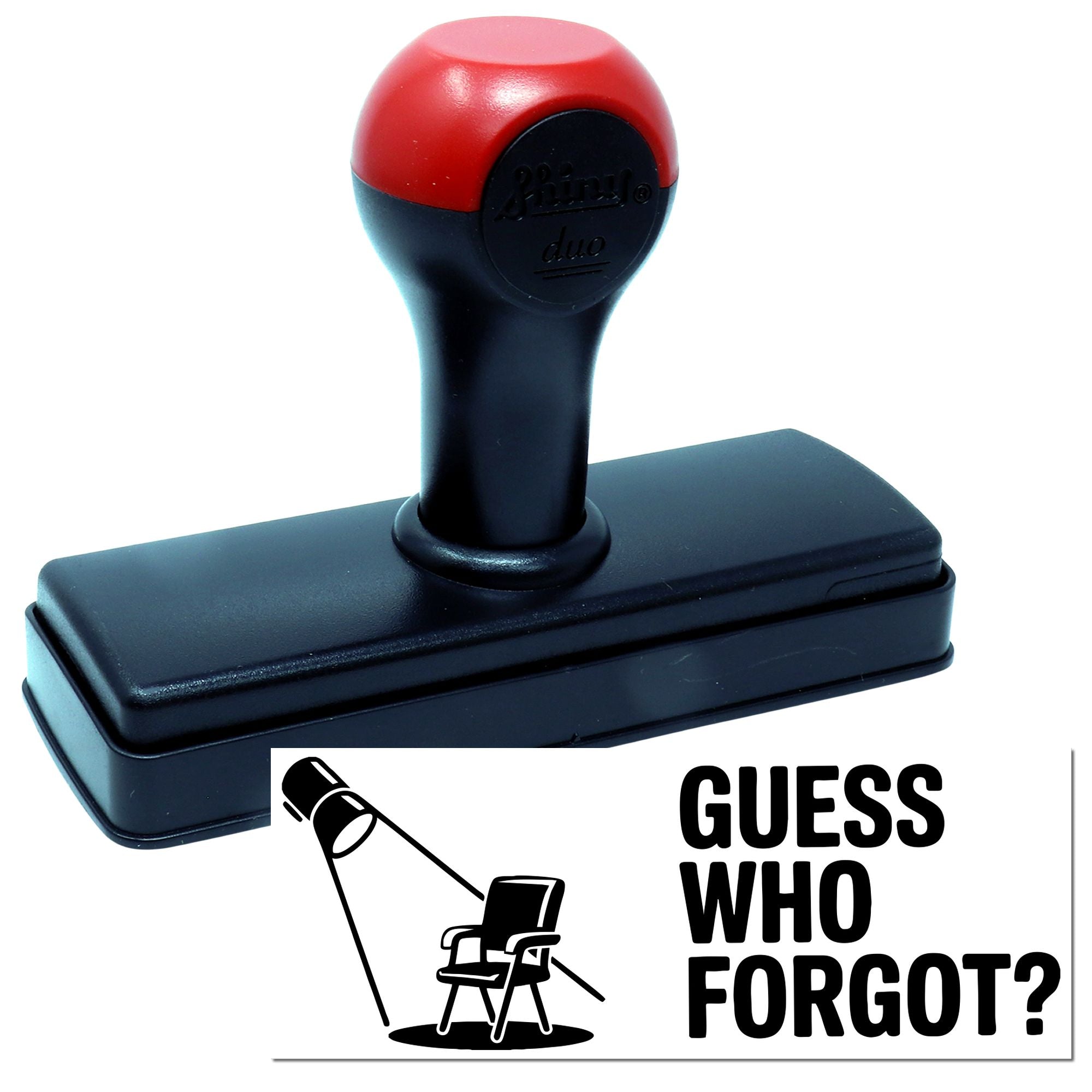 Black self-inking stamp with red handle and Guess Who Forgot? seal design