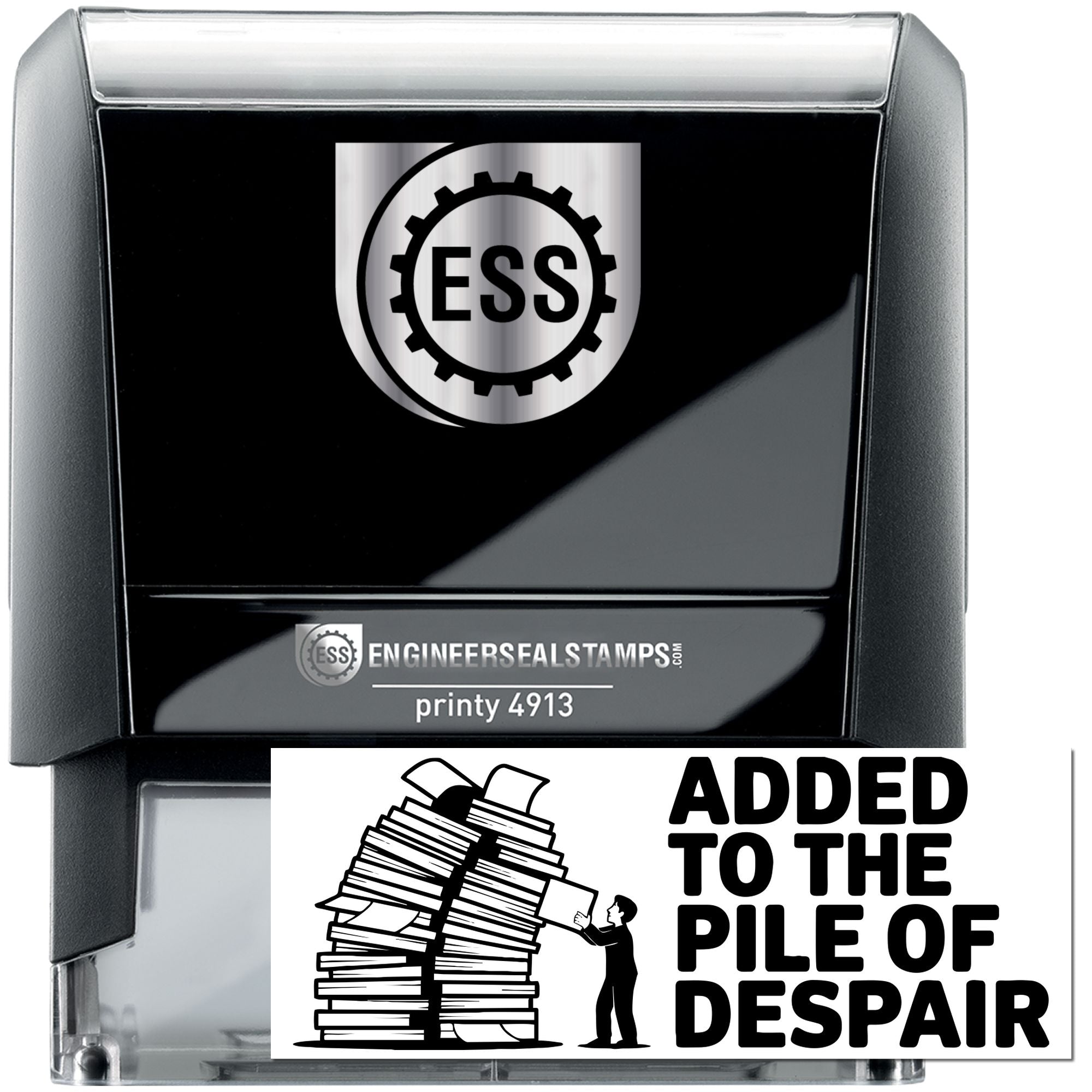 Black self-inking engineer seal stamp, black and silver, with ESS logo, Printy 4913 label, and Added to the pile of despair graphic.