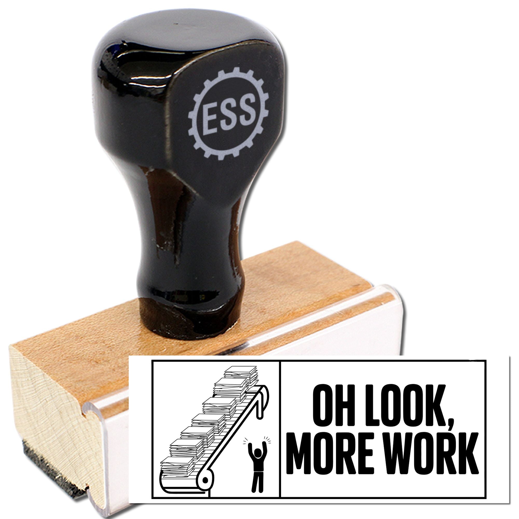 Black ESS rubber stamp and seal on wooden base, with bold OH LOOK, MORE WORK text.
