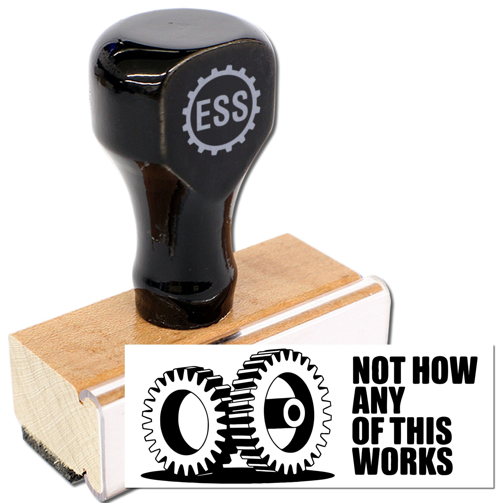Black rubber stamp and seal with ESS gear logo, wooden base, and sample mark reading O9 Not How Any of This Works.