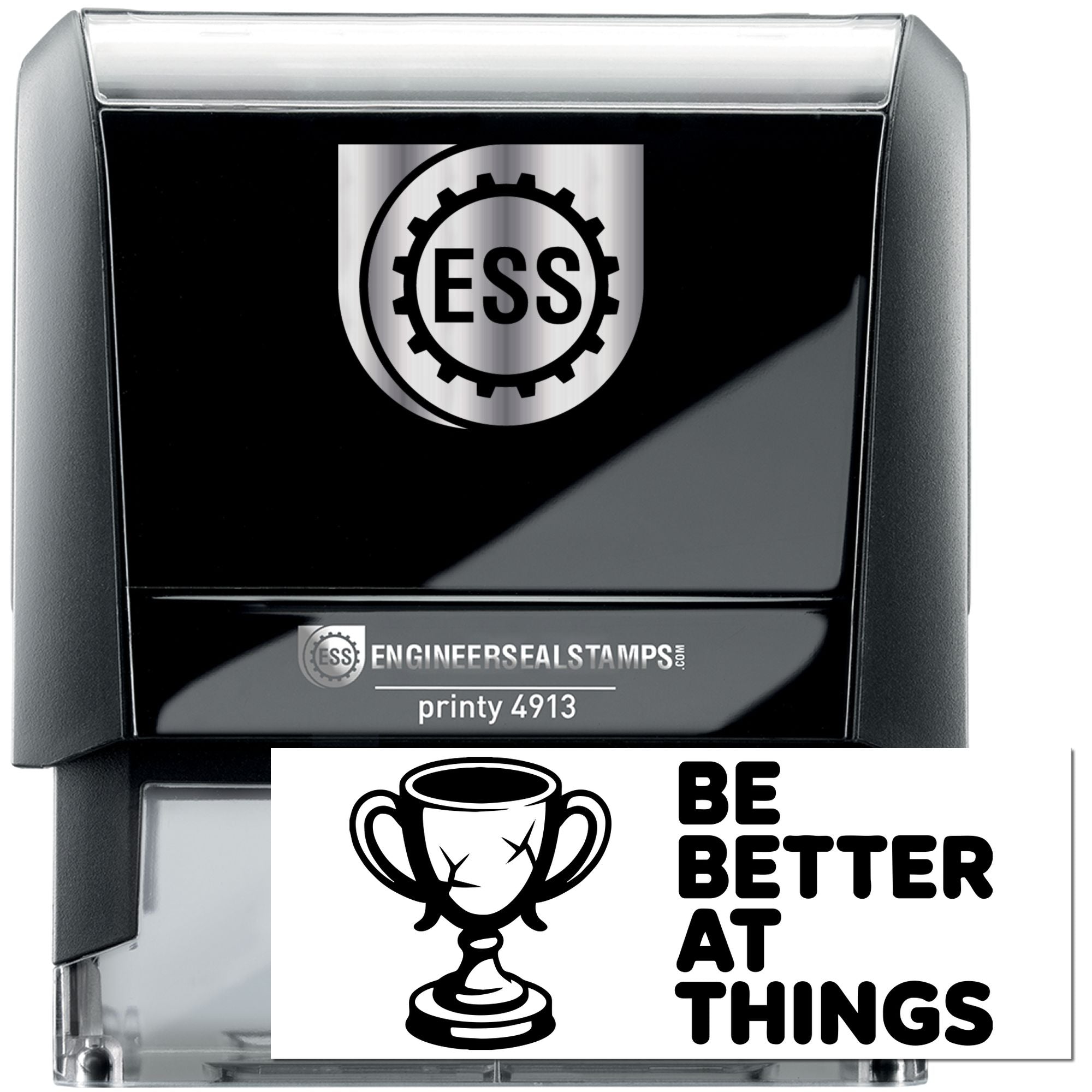 Black self-inking engineer seal stamp with silver top, ESS logo, and Be Better at Things trophy design.