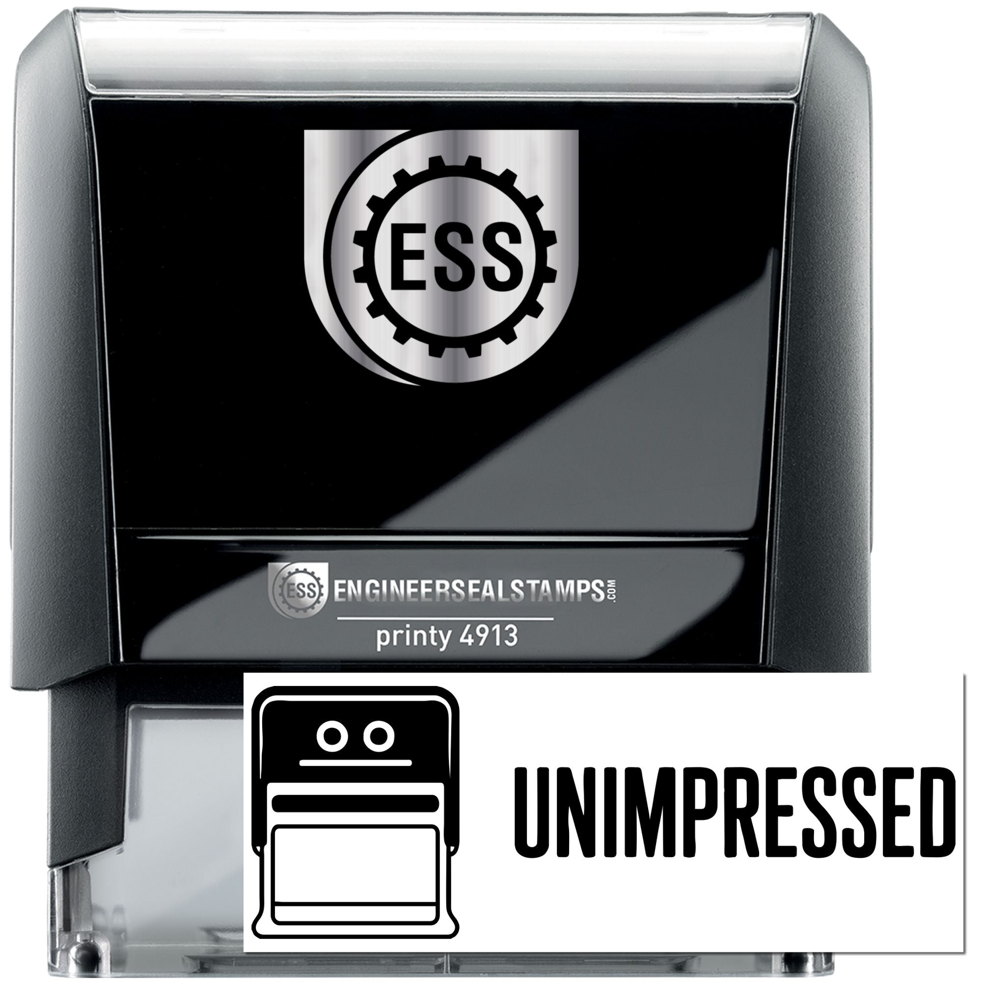 Black and silver ESS self-inking engineer seal stamp with UNIMPRESSED label and stamp icon