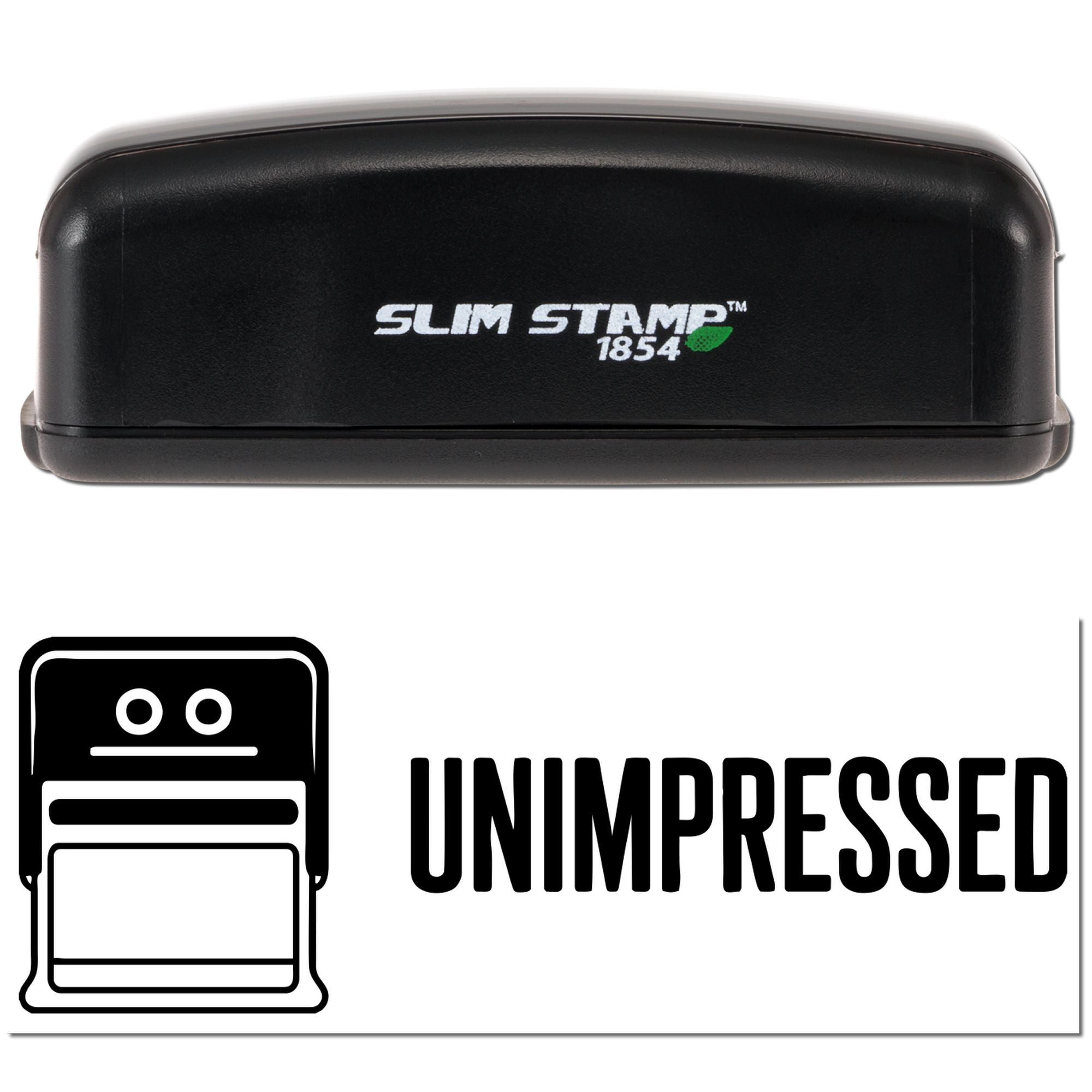 Black Slim Stamp 1854 self-inking seal, black case with green logo and UNIMPRESSED branding on white background.