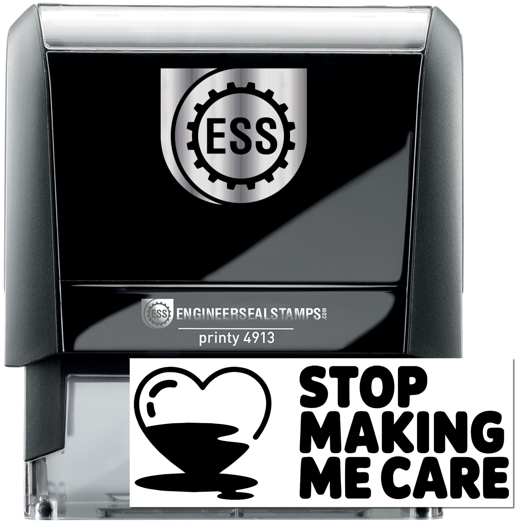 Black and silver self-inking engineer seal stamp with ESS gear logo, Printy 4913, and Stop Making Me Care design.