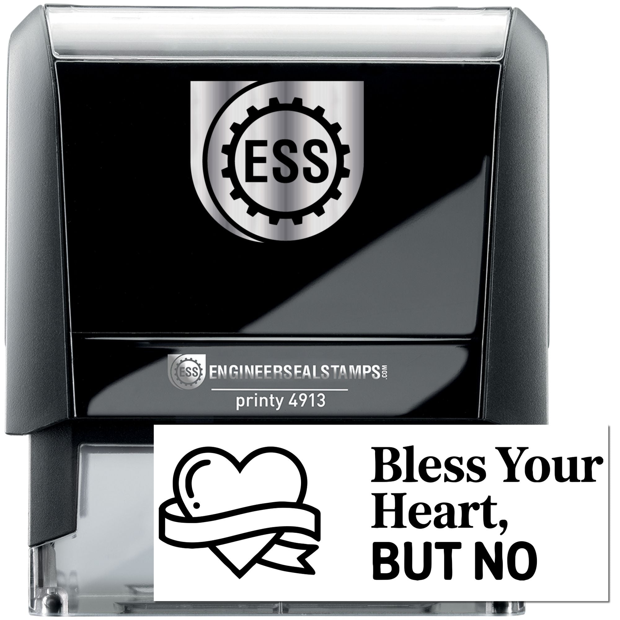 Black and silver self-inking stamp and seal set with ESS gear logo and Bless Your Heart, BUT NO heart ribbon design.