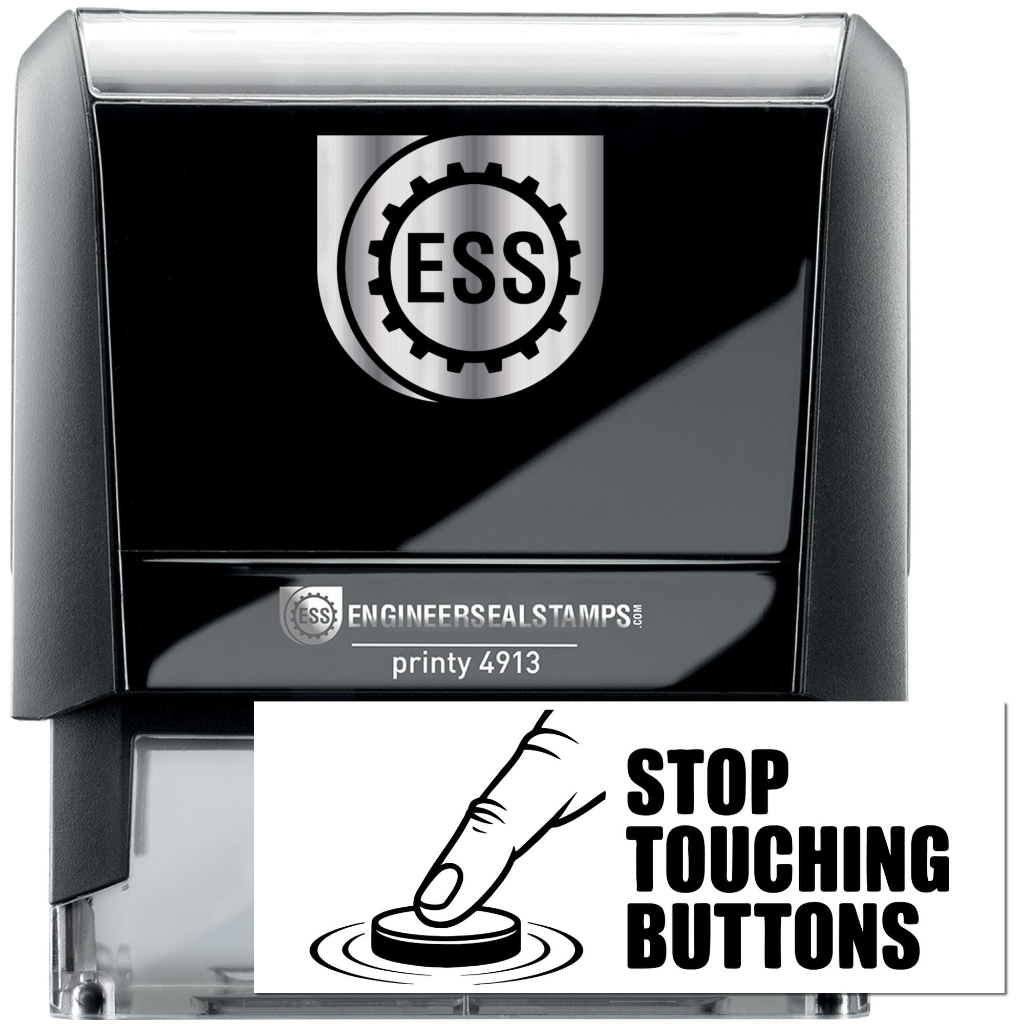 Black self-inking ESS engineer seal stamp with silver accents and a Stop Touching Buttons warning graphic.