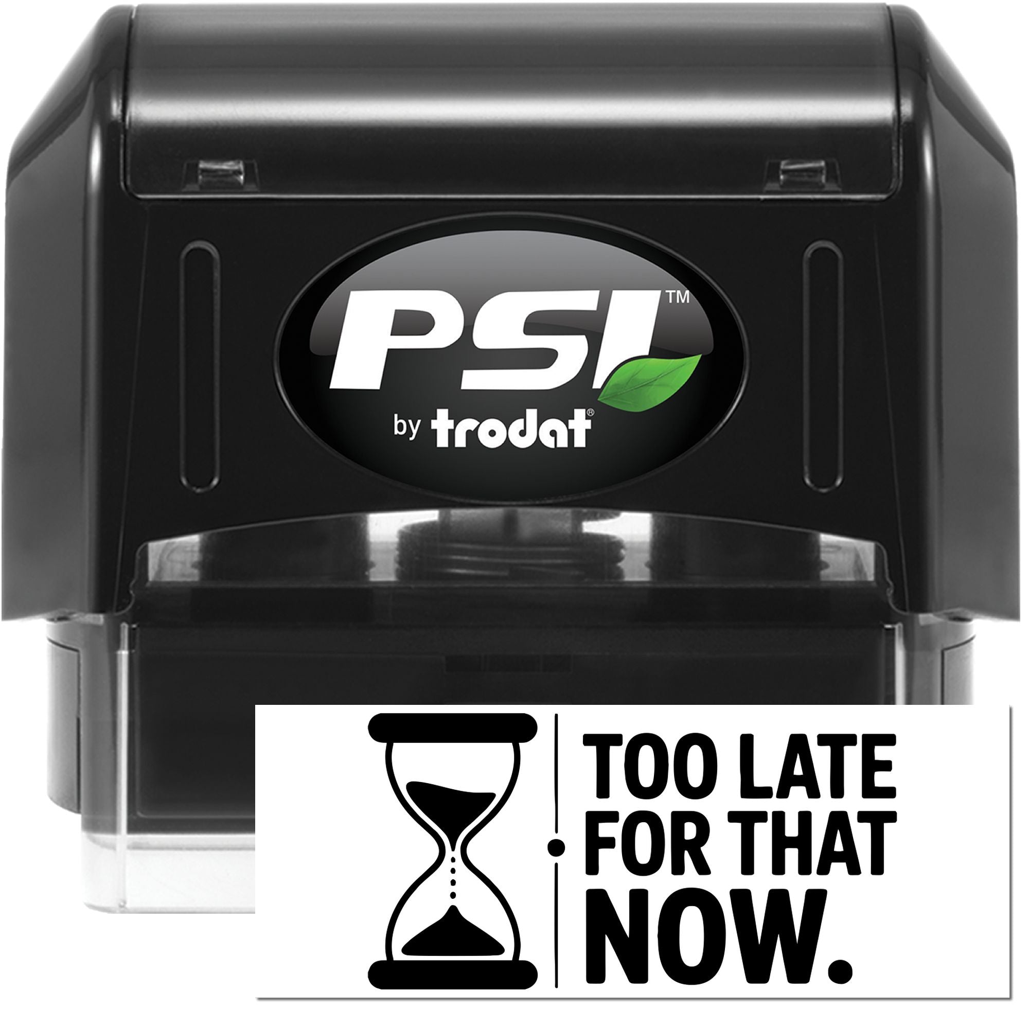 Black PSI by Trodat self-inking stamp and seal with green leaf logo