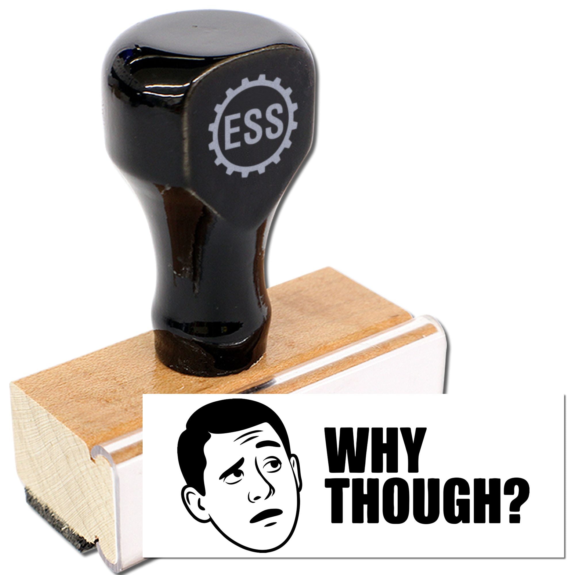 Black ESS rubber stamp and wooden seal block with white Why Thought? graphic on tan base