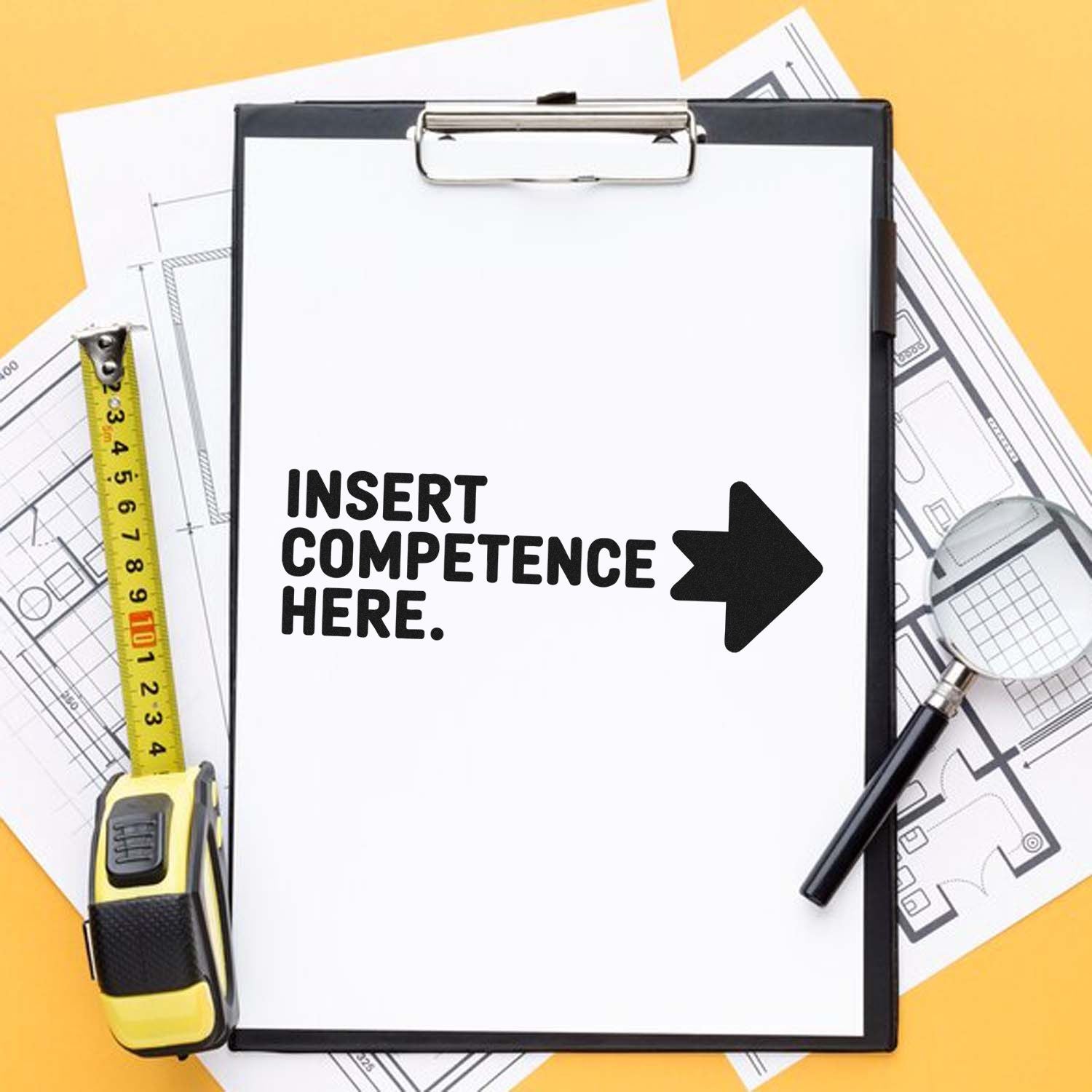 Custom stamp and seal products on a white clipboard, with black text, yellow tape measure, and blueprint sheets on a yellow background.