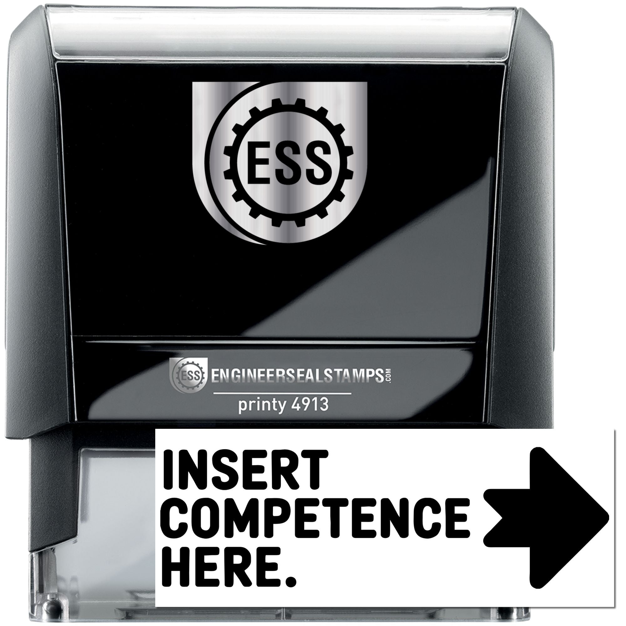Black self-inking engineer seal stamp with silver ESS gear logo and white insert reading Insert competence here.